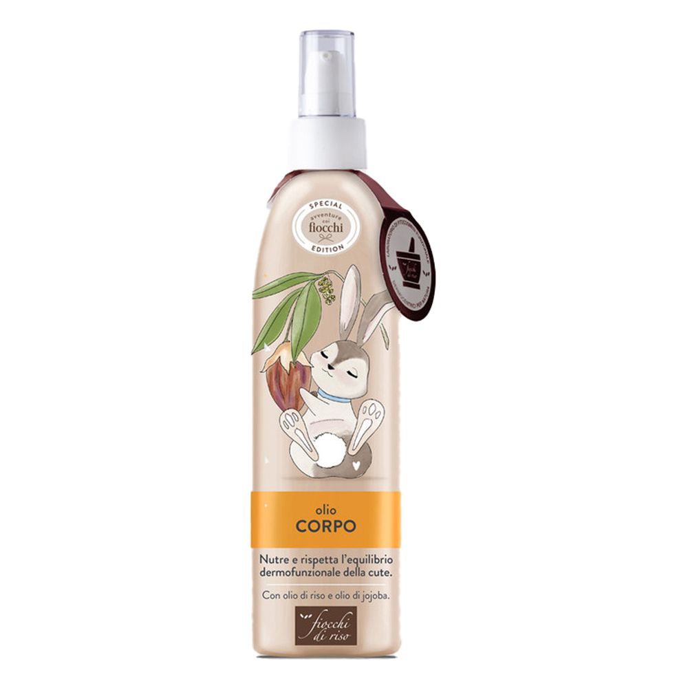 Flacone olio corpo con vaporizzatore. Etichetta con coniglio e scritta.