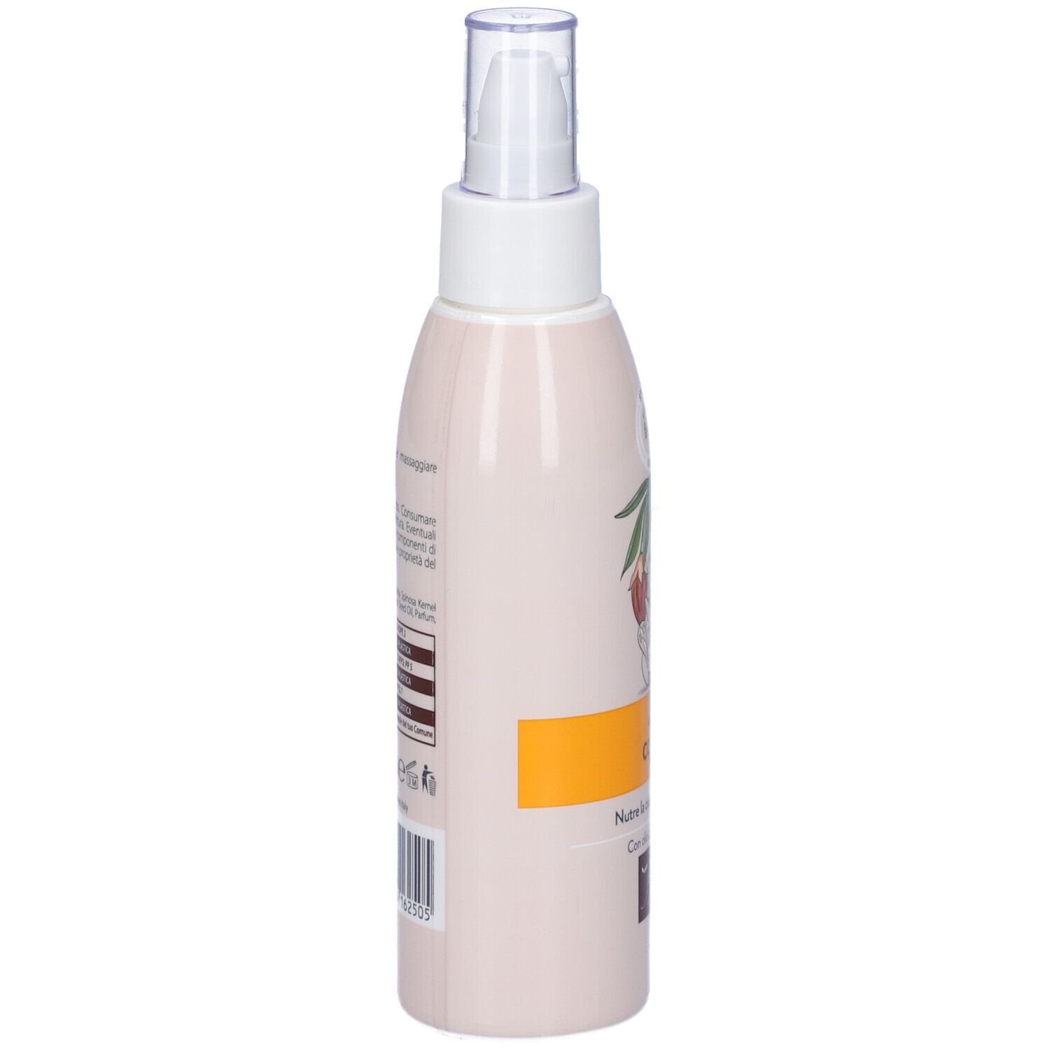 Flacone olio corpo, vista laterale. Etichetta con ingredienti e logo.