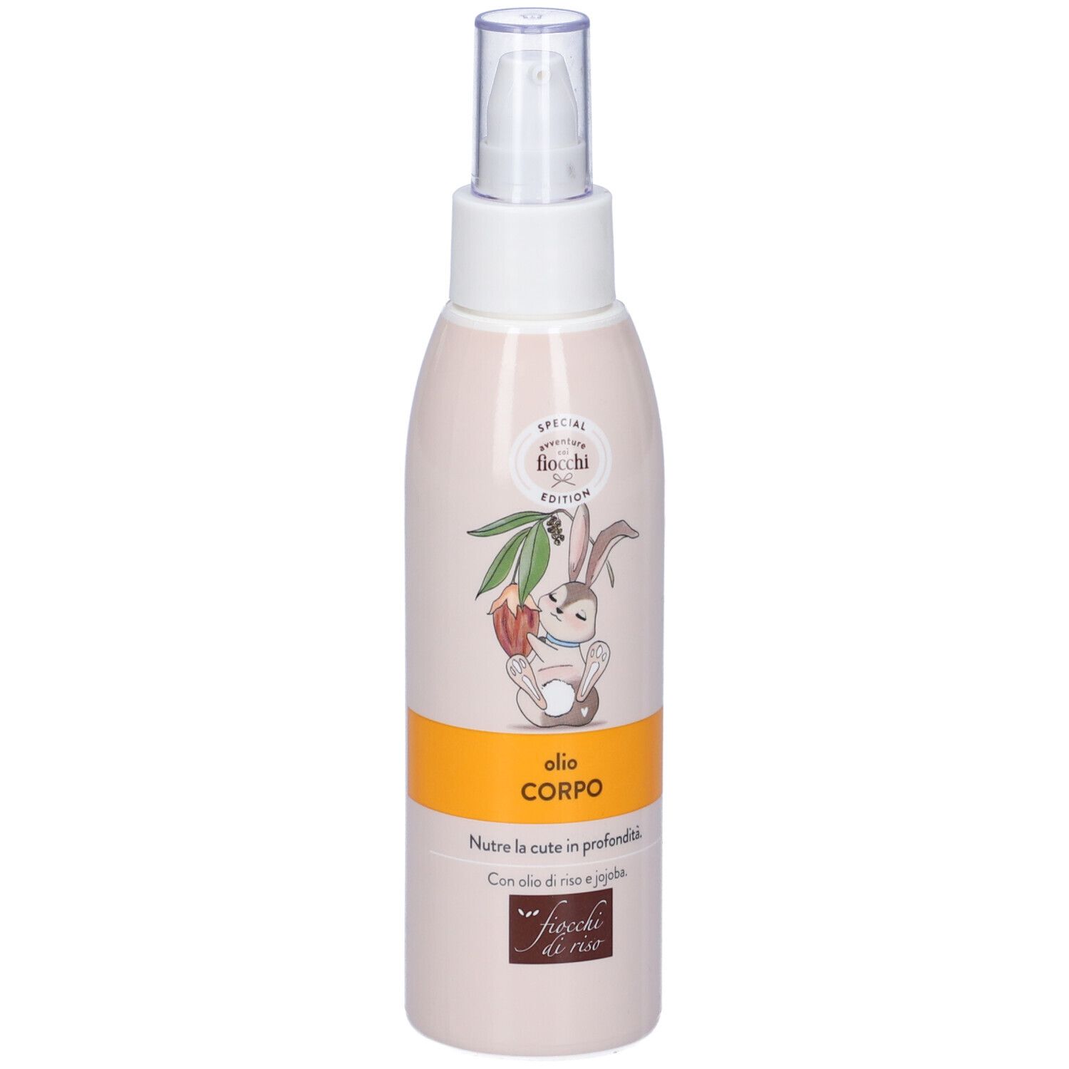 Flacone olio corpo con vaporizzatore. Etichetta con coniglio e scritta.