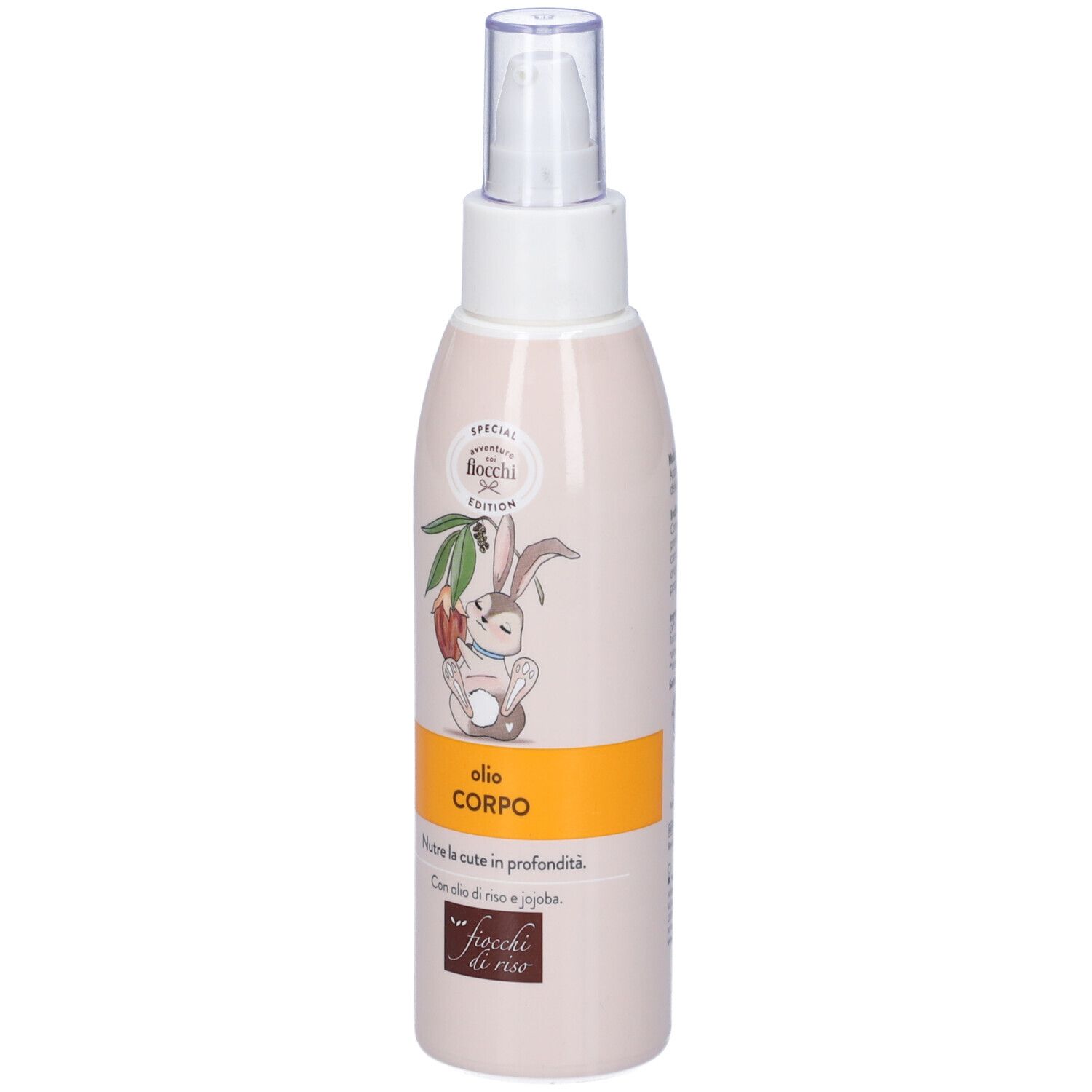 Flacone olio corpo con vaporizzatore. Etichetta con coniglio e scritta.