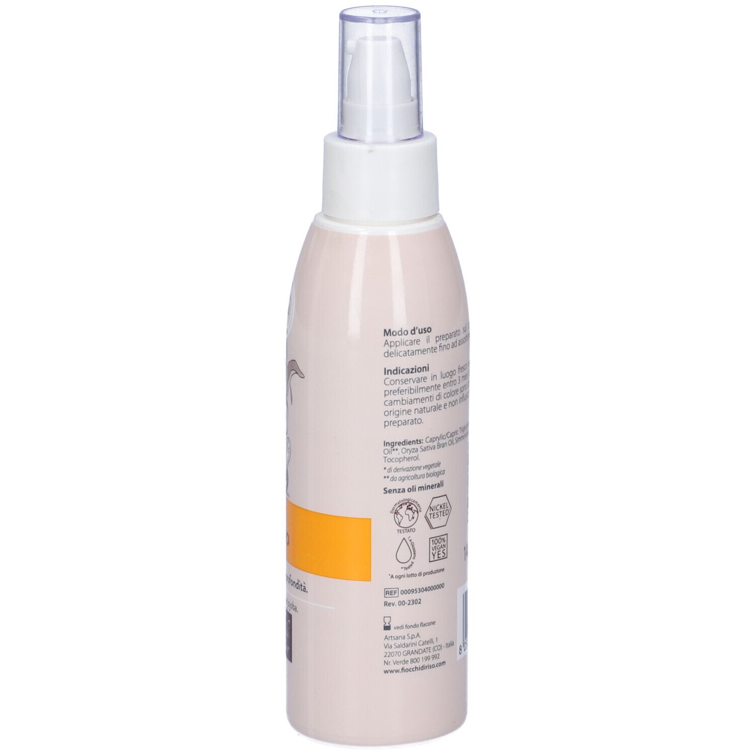 Flacone olio corpo, vista laterale. Etichetta con ingredienti e logo.