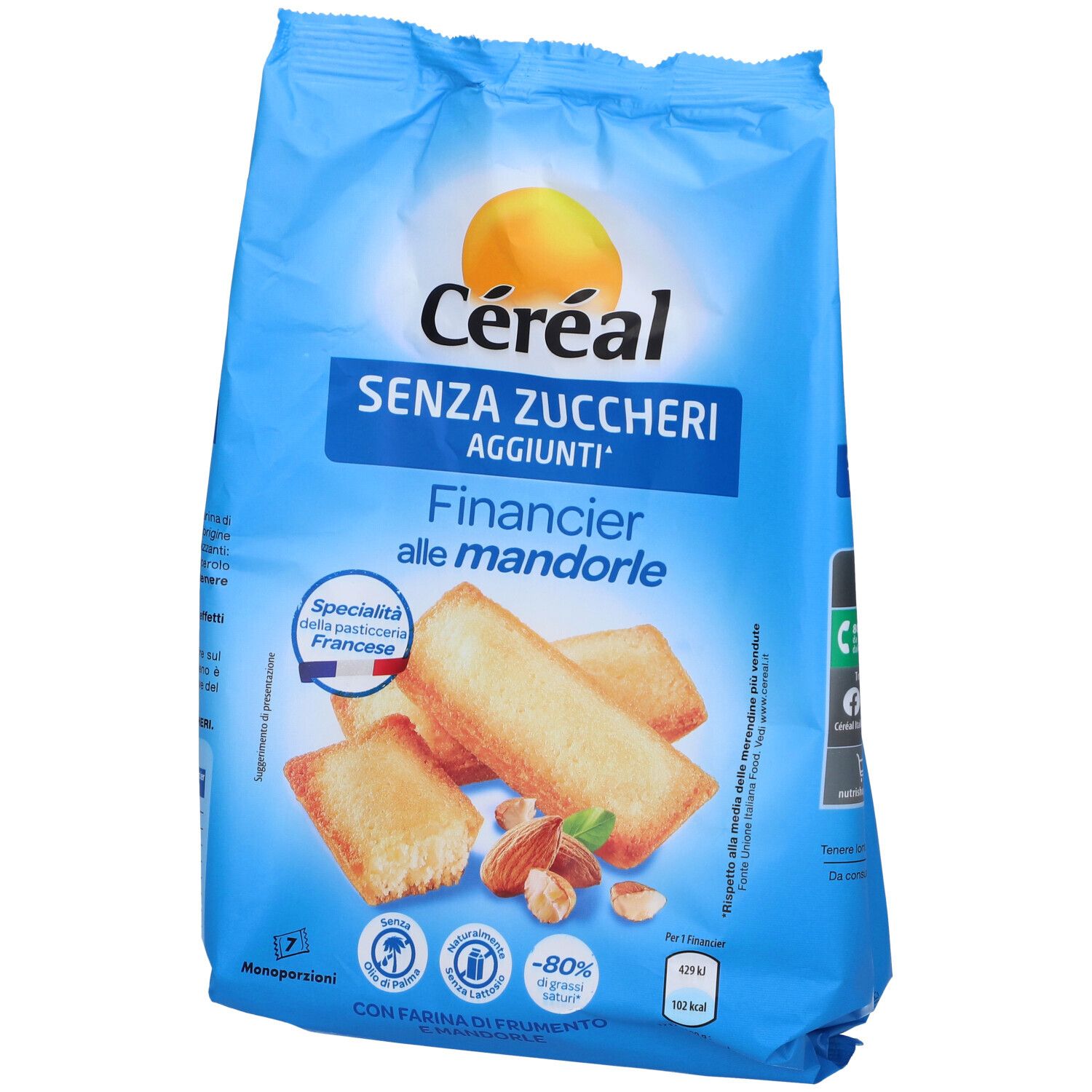 Confezione blu Céréal Financier Alle Mandorle. Senza zuccheri aggiunti. Immagine di pasticcini e mandorle.