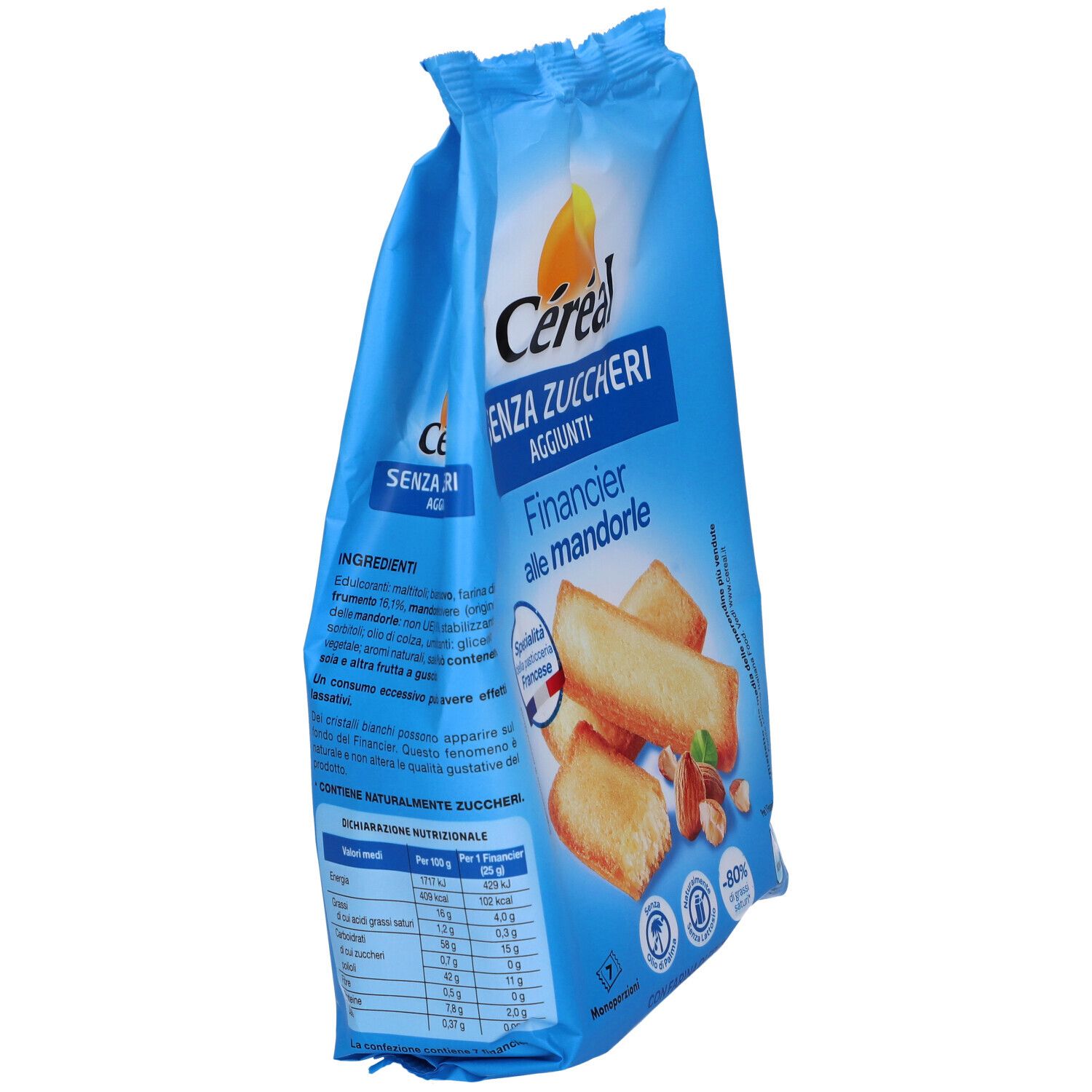 Confezione Céréal blu, vista laterale. Senza zuccheri aggiunti. Immagine di pasticcini. Informazioni nutrizionali.