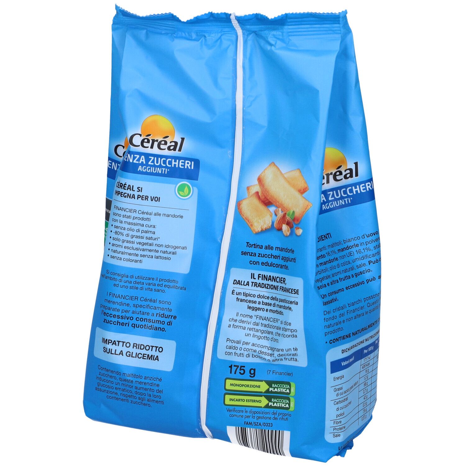 Confezione Céréal blu, retro. Senza zuccheri aggiunti. Immagine di pasticcini. 175g. Informazioni.