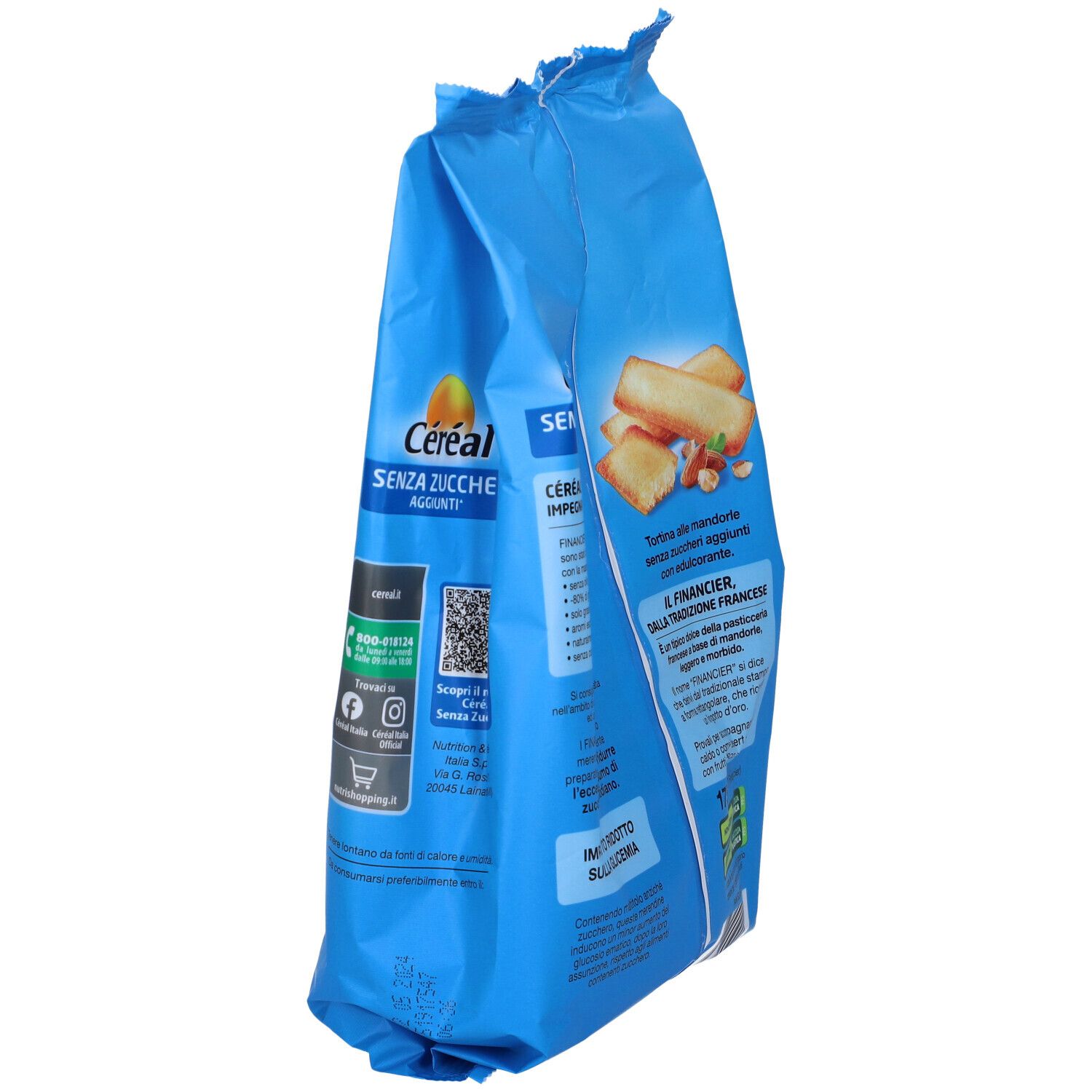 Confezione Céréal blu, vista laterale. Senza zuccheri aggiunti. Immagine di pasticcini. Codice QR.