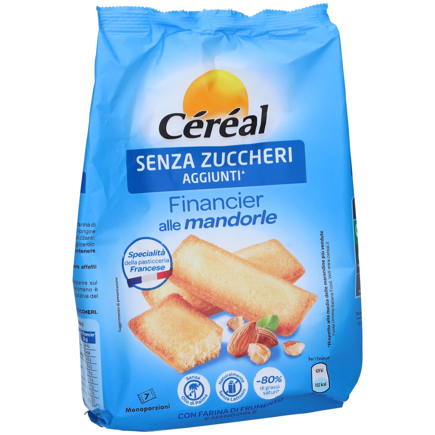Confezione blu Céréal Financier Alle Mandorle. Senza zuccheri aggiunti. Immagine di pasticcini e mandorle.