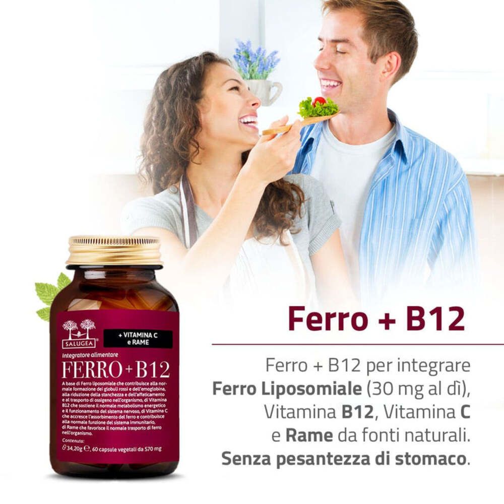 Produktflasche neben einem Paar, das isst. Text: Ferro + B12 zur Ergänzung von Eisen, Vitamin B12, C und Kupfer.