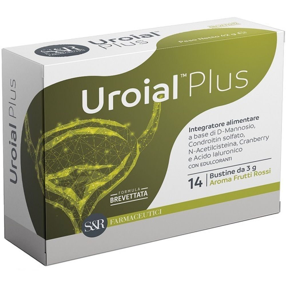 Scatola di Uroial Plus Bustine. Contiene 14 bustine da 3 g. Integratore alimentare con D-Mannosio, Cranberry e acido ialuronico. Formula brevettata.