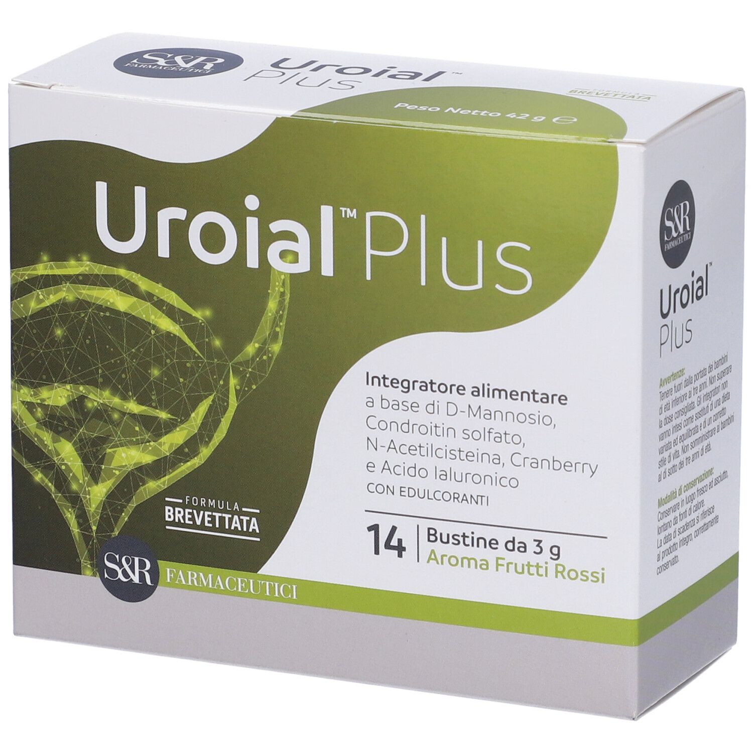 Scatola di Uroial Plus Bustine. Contiene 14 bustine da 3 g. Integratore alimentare con D-Mannosio, Cranberry e acido ialuronico. Formula brevettata.