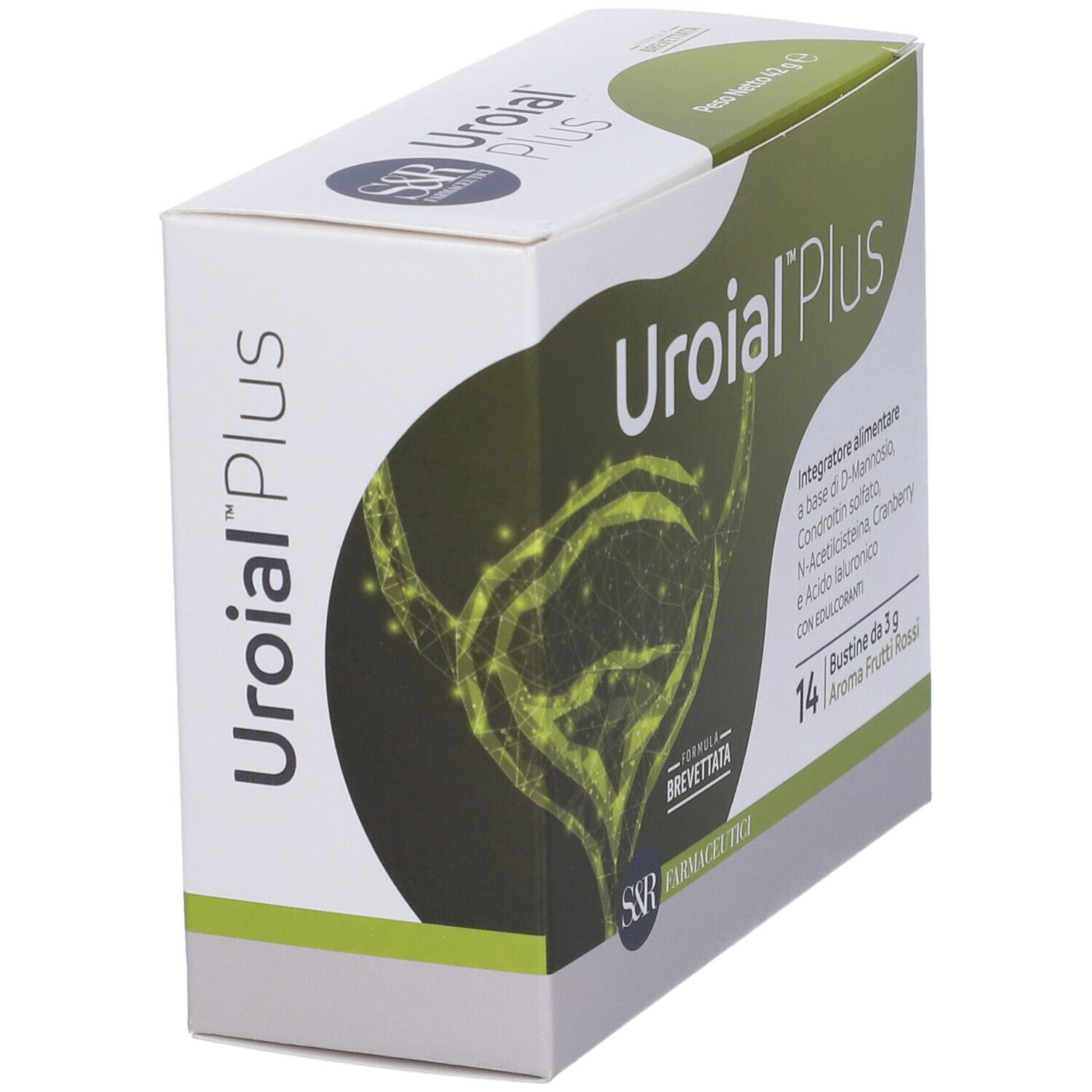 Scatola di Uroial Plus Bustine. Contiene 14 bustine da 3 g. Integratore alimentare con D-Mannosio, Cranberry e acido ialuronico. Formula brevettata.