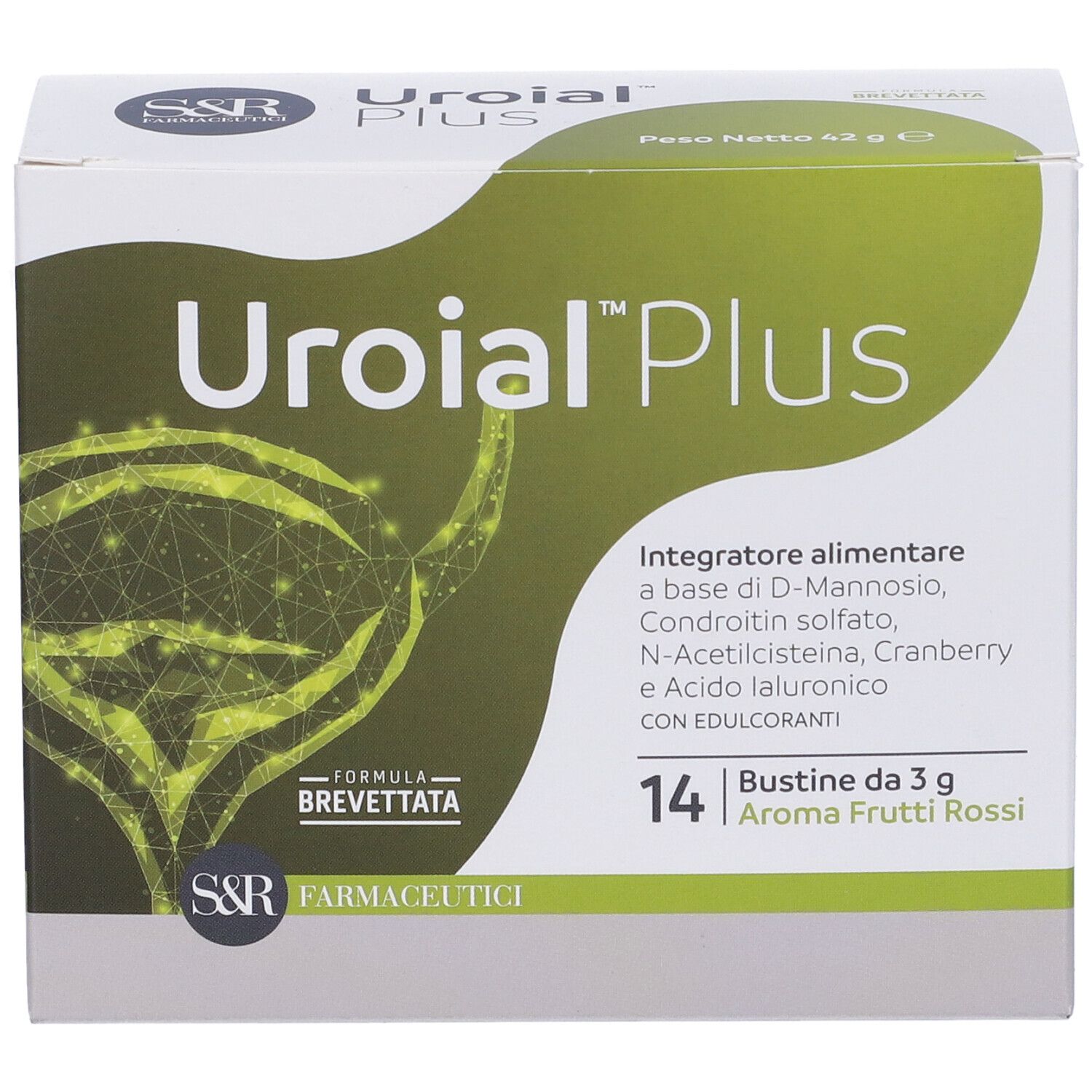 Scatola di Uroial Plus Bustine. Contiene 14 bustine da 3 g. Integratore alimentare con D-Mannosio, Cranberry e acido ialuronico. Formula brevettata.