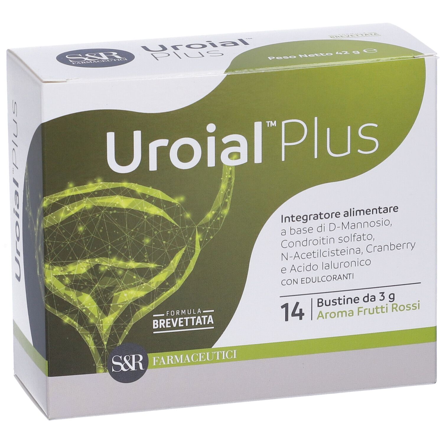 Scatola di Uroial Plus Bustine. Contiene 14 bustine da 3 g. Integratore alimentare con D-Mannosio, Cranberry e acido ialuronico. Formula brevettata.