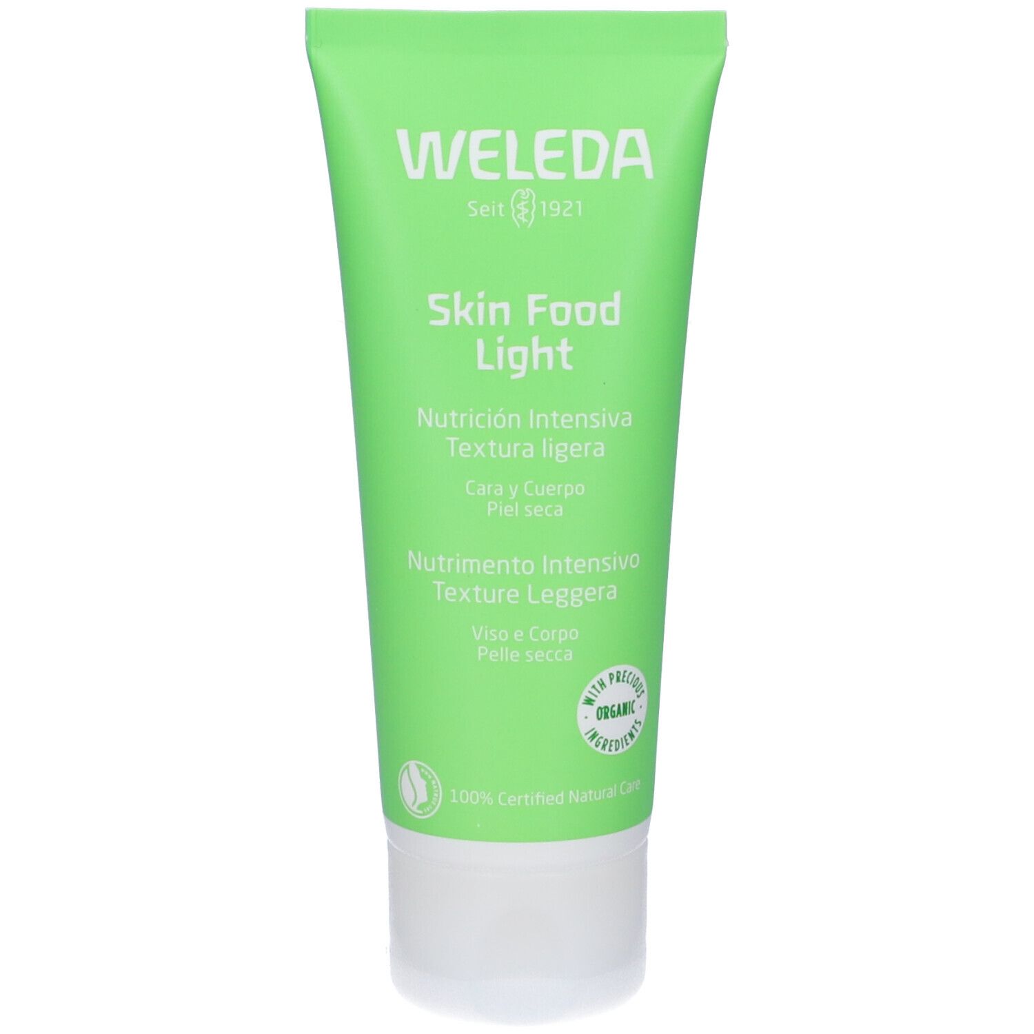 Tubo verde con tappo bianco. Scritta: WELEDA, Skin Food Light. Testo multilingue. Con sigillo bio.