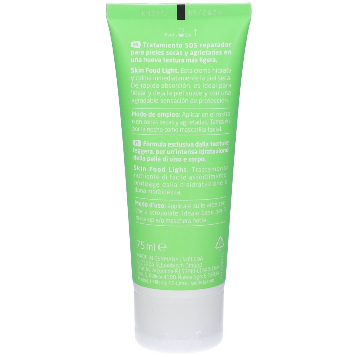 Retro del tubo verde. Testo multilingue. Contiene informazioni sull'uso e sugli ingredienti. 75ml.