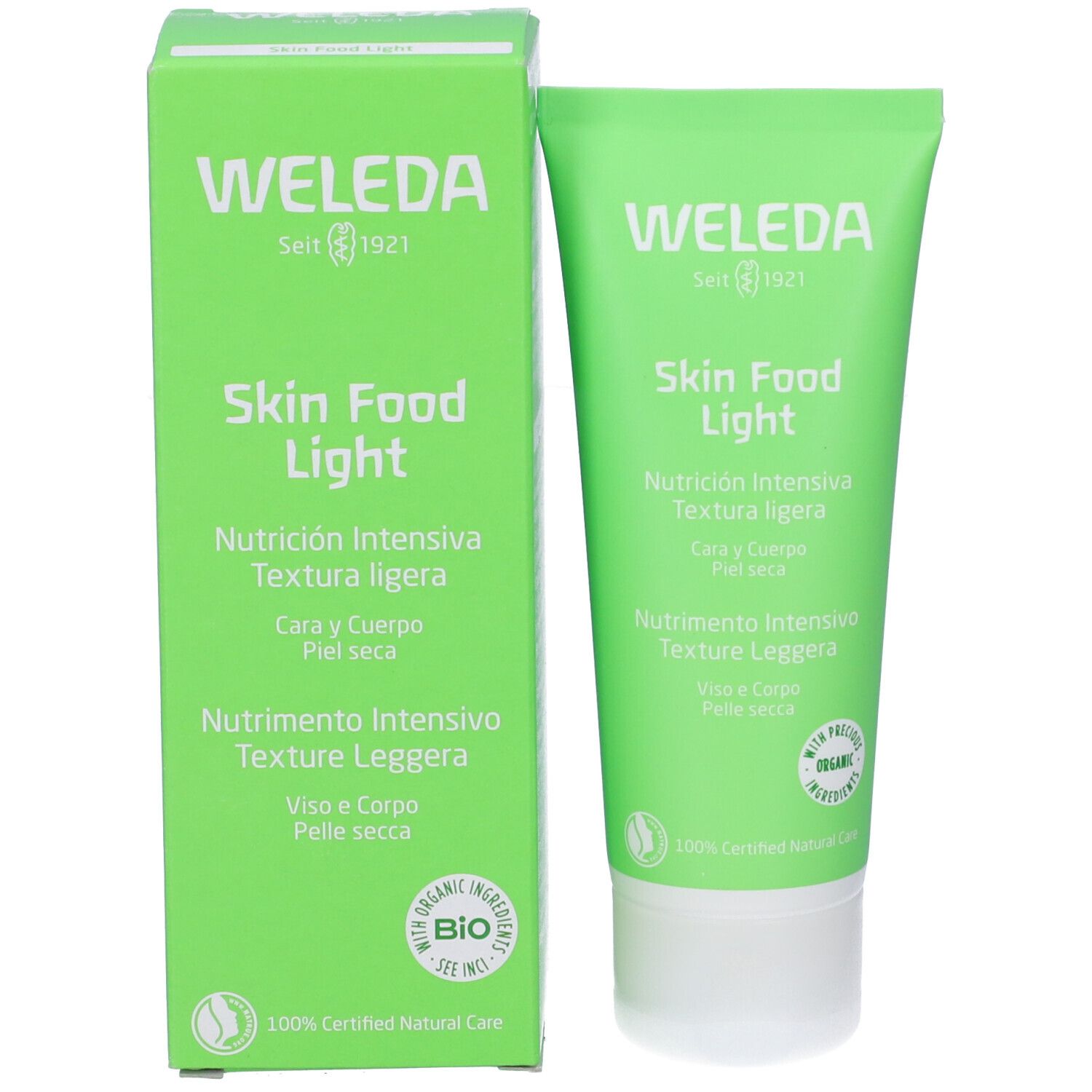 Scatola e tubo verdi. Scritta: WELEDA, Skin Food Light. Testo multilingue. Con sigillo bio.
