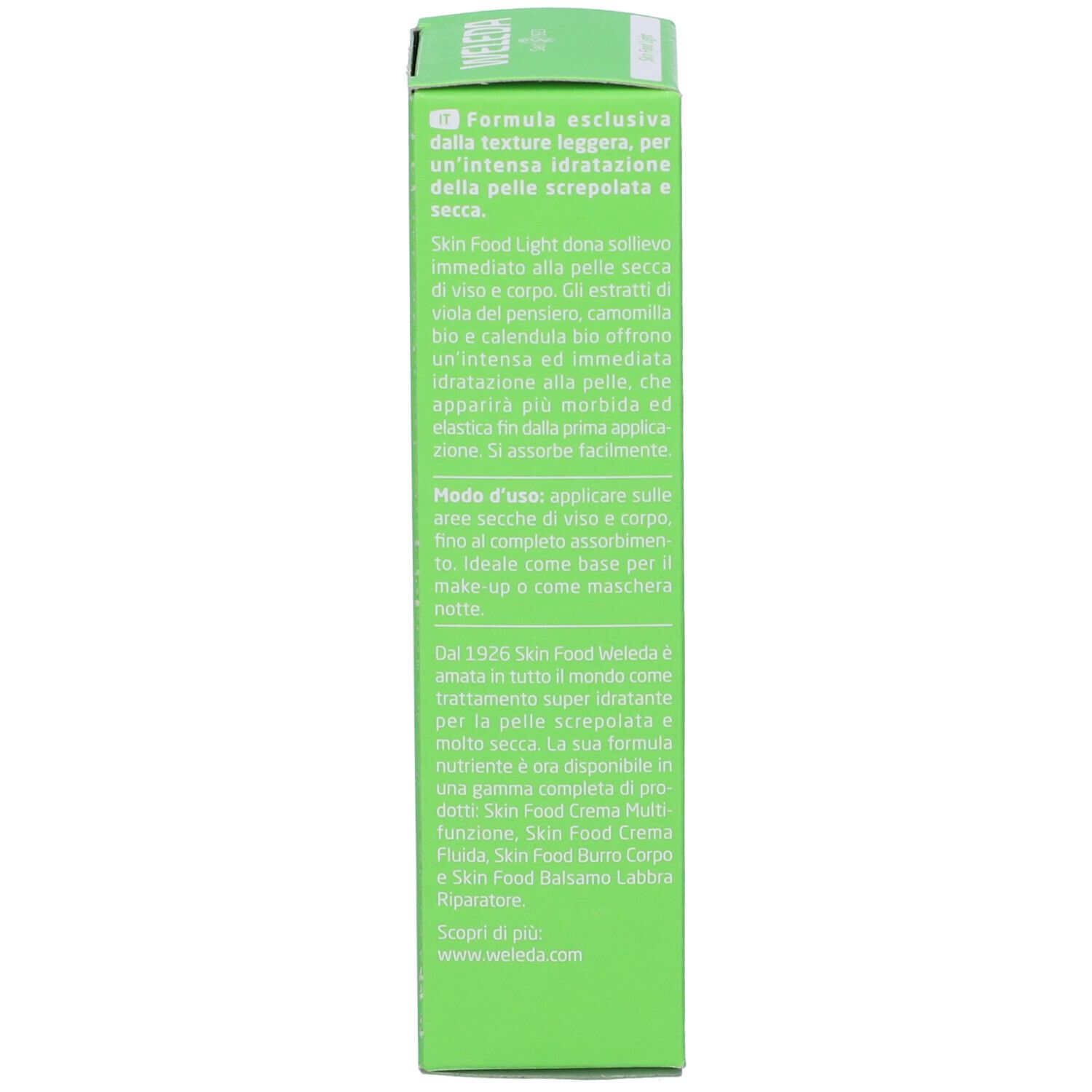 Lato della scatola verde. Testo multilingue. Informazioni sull'uso e sugli ingredienti.