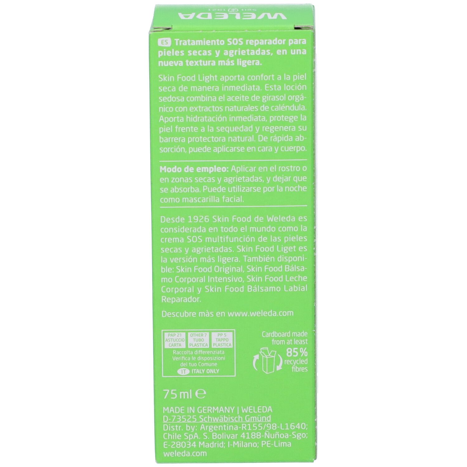 Lato della scatola verde. Testo multilingue. Informazioni sull'uso, ingredienti e origine. 75ml.