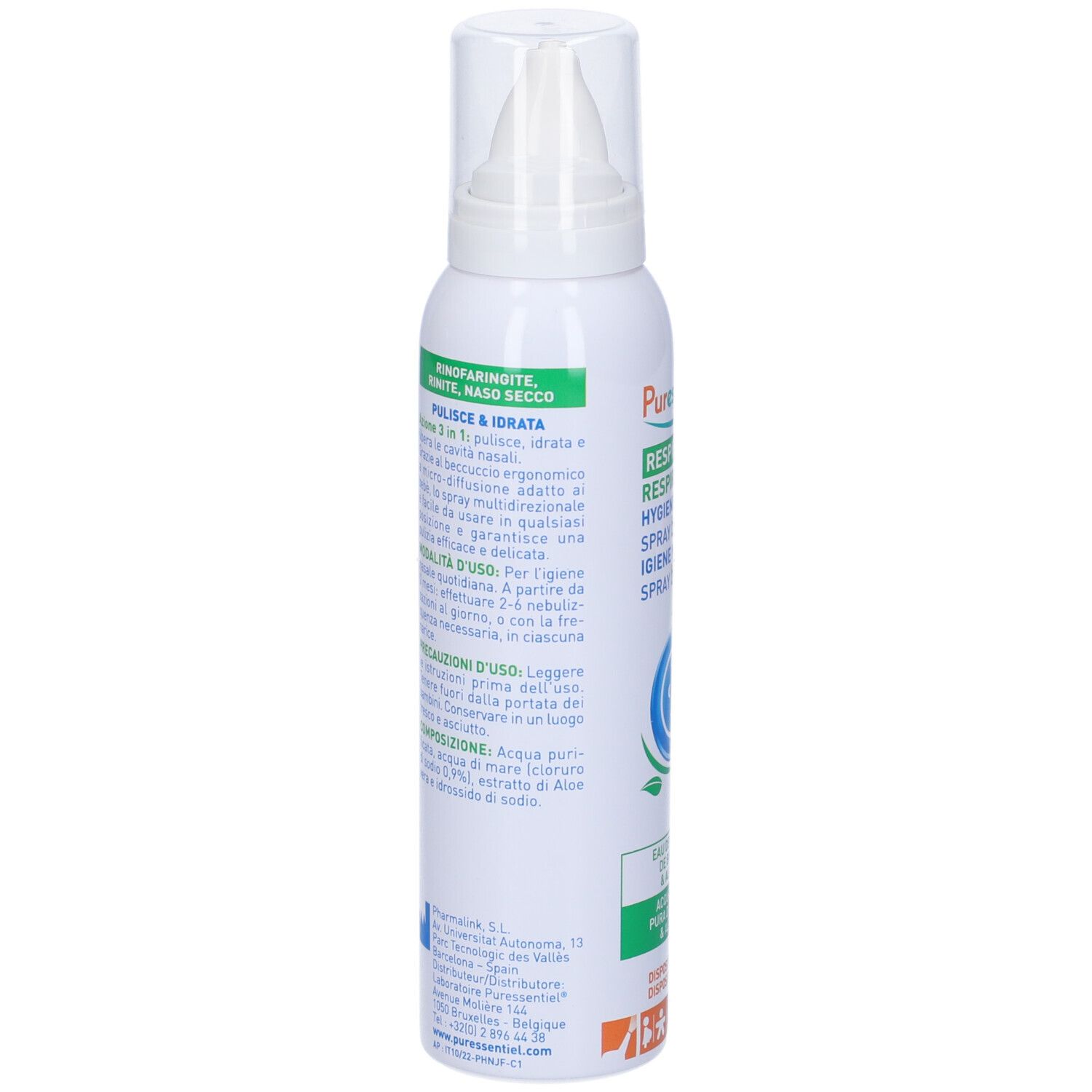 Spray nasale bianco, retro. Testo: Modo d'uso, ingredienti. Dispositivo medico. Con acqua di mare e aloe vera.