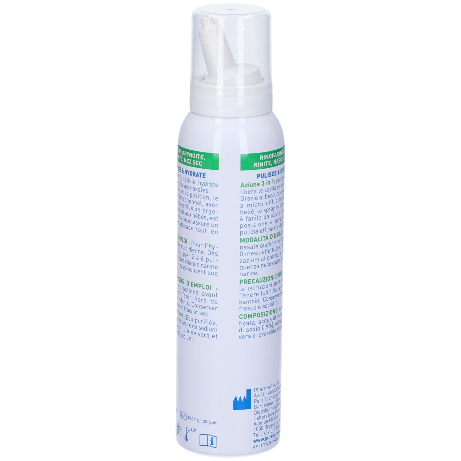 Spray nasale bianco, retro. Testo: Modo d'uso, ingredienti. Dispositivo medico. Con acqua di mare e aloe vera.