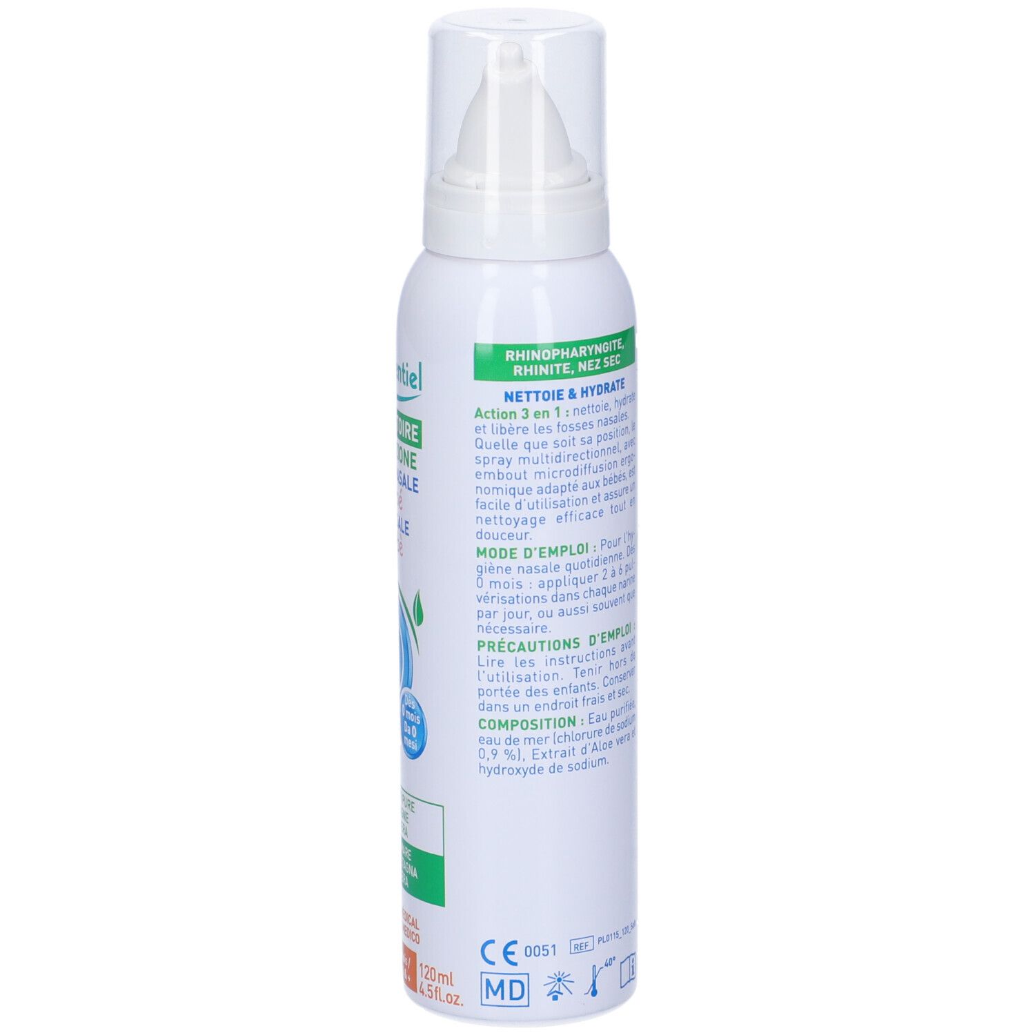 Spray nasale bianco, retro. Testo: Modo d'uso, ingredienti. Dispositivo medico. Con acqua di mare e aloe vera.