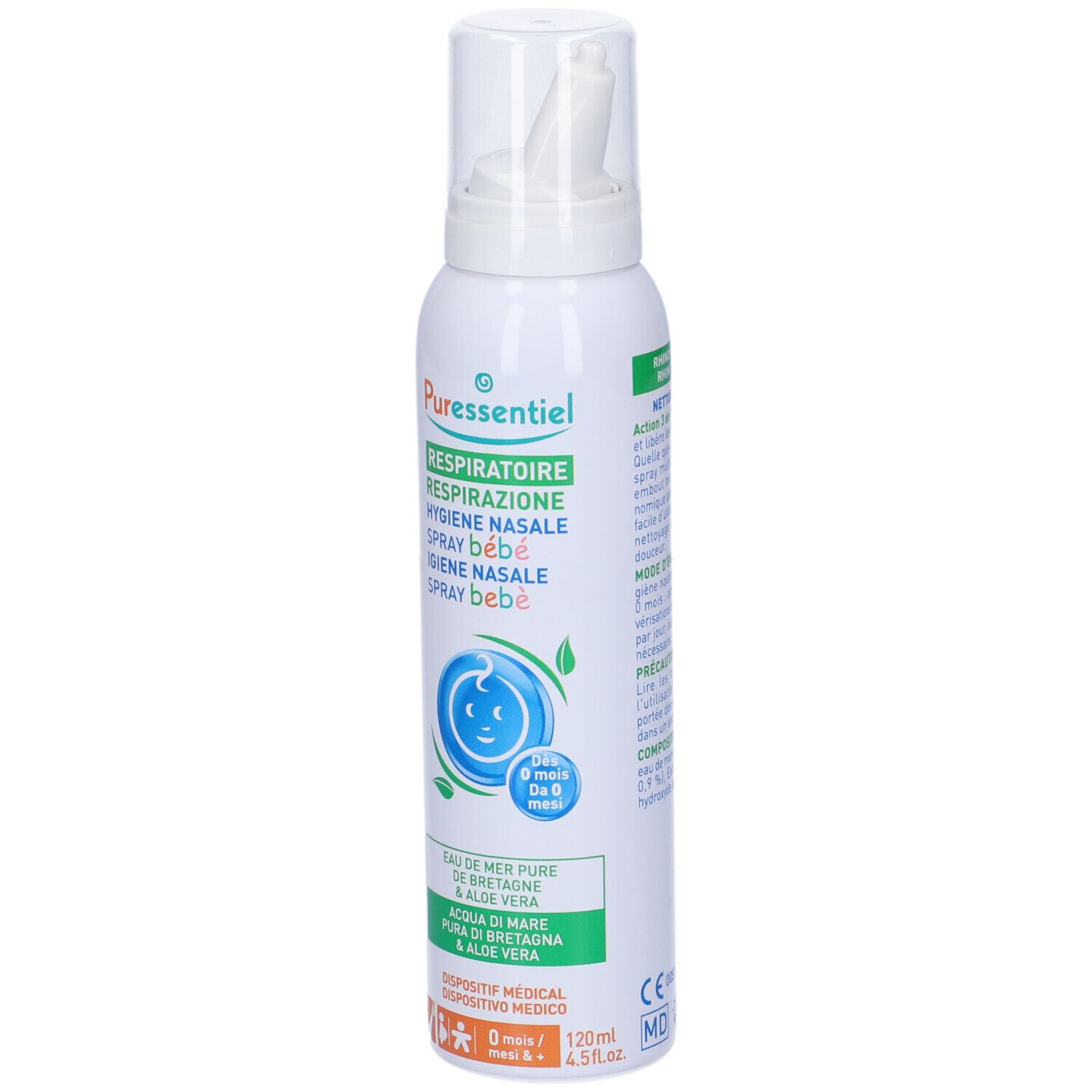 Spray nasale bianco, etichetta verde. Testo: Puressentiel, Spray bébé, da 0 mesi. Con acqua di mare e aloe vera.