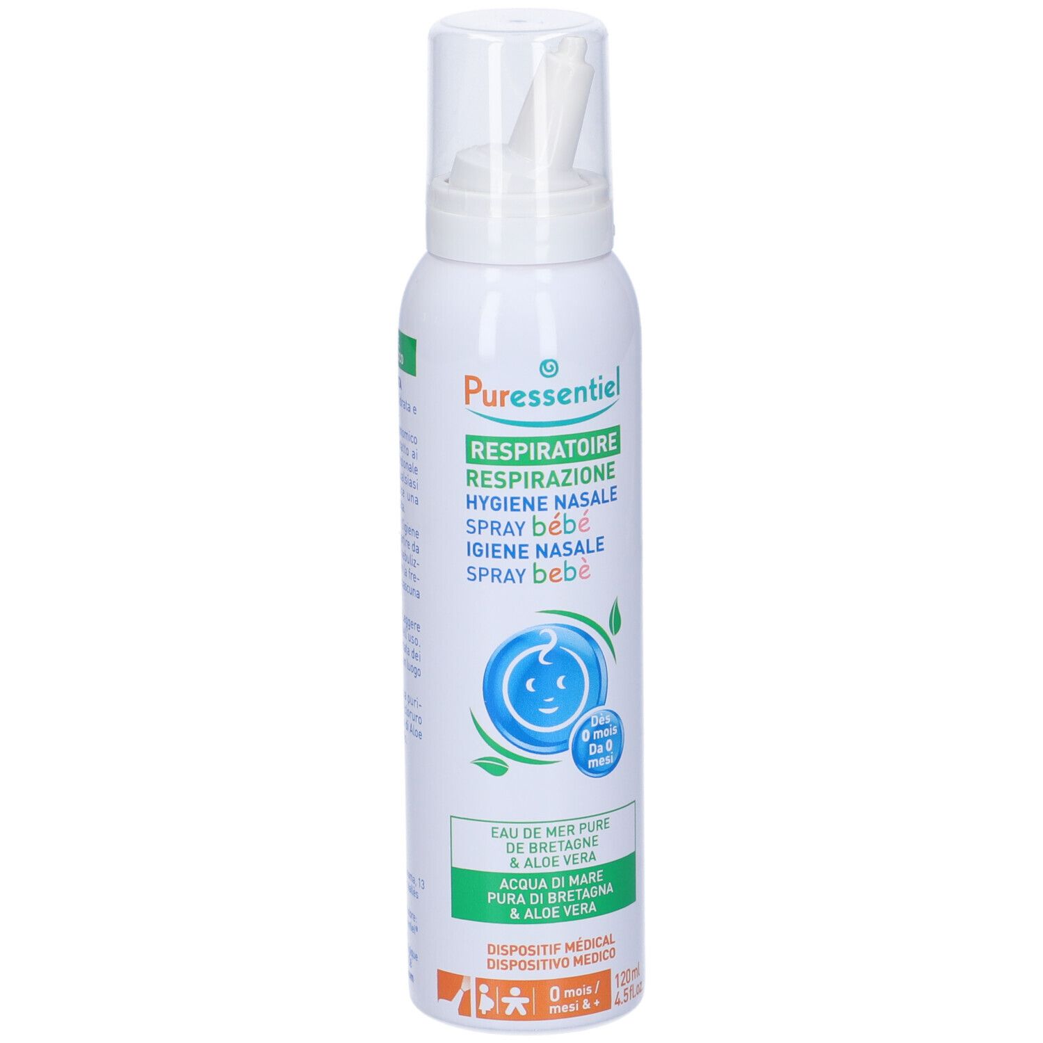 Spray nasale bianco, etichetta verde. Testo: Puressentiel, Spray bébé, da 0 mesi. Con acqua di mare e aloe vera.