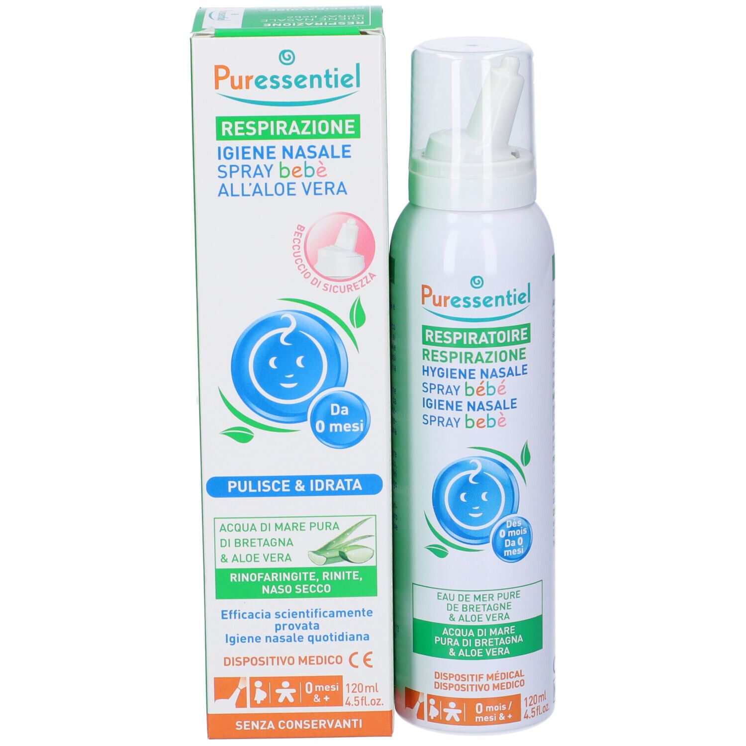 Prodotto e confezione. Spray nasale bianco e scatola. Testo: Puressentiel, Spray bébé, da 0 mesi. Con aloe vera.