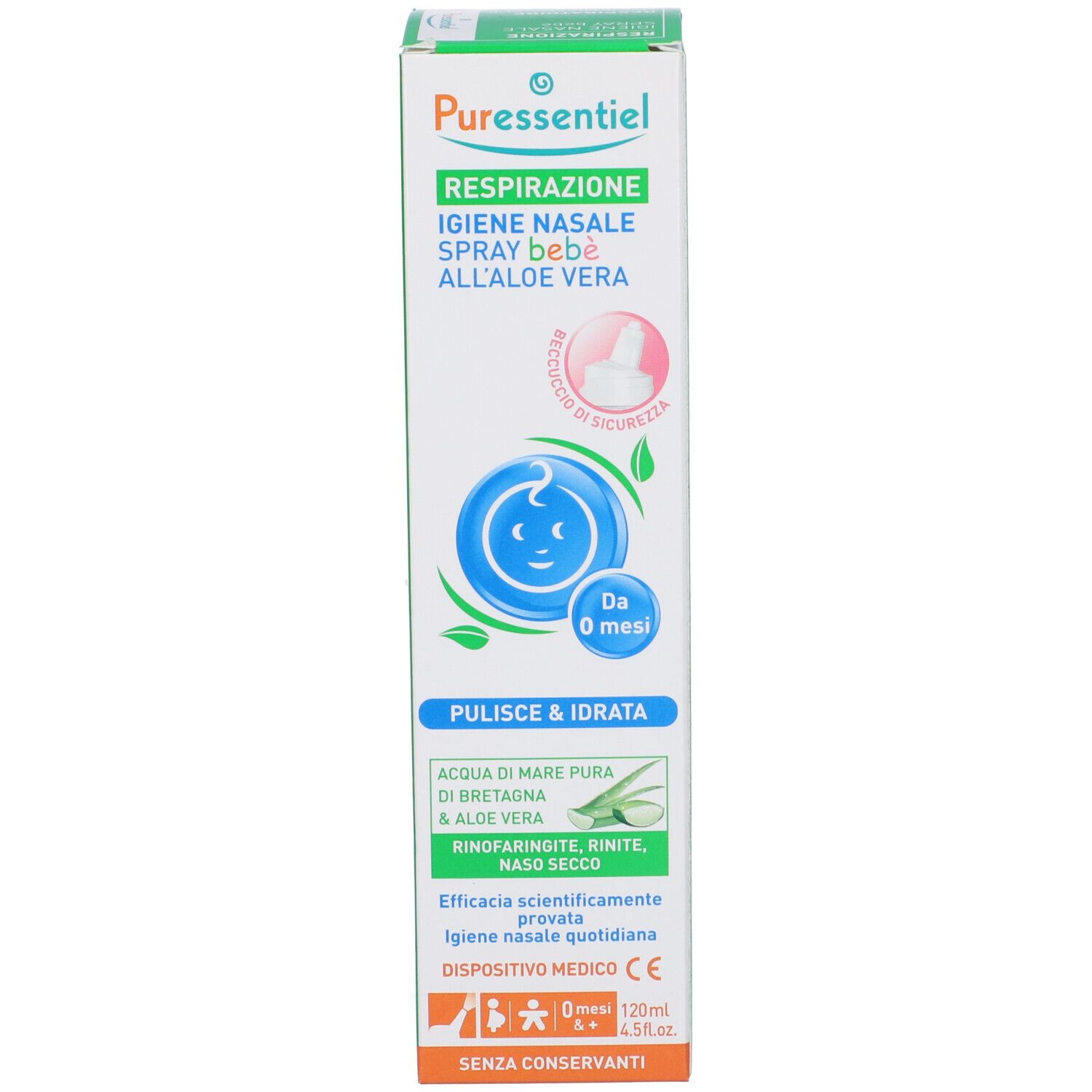 Confezione del prodotto. Scatola bianca. Testo: Puressentiel, Spray bébé, da 0 mesi. Con aloe vera. Dispositivo medico.