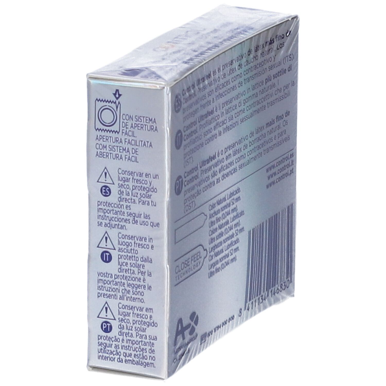 Kondom-Schachtel. Mehrsprachiger Text. Hinweise zur sicheren Anwendung. Silberne Verpackung.