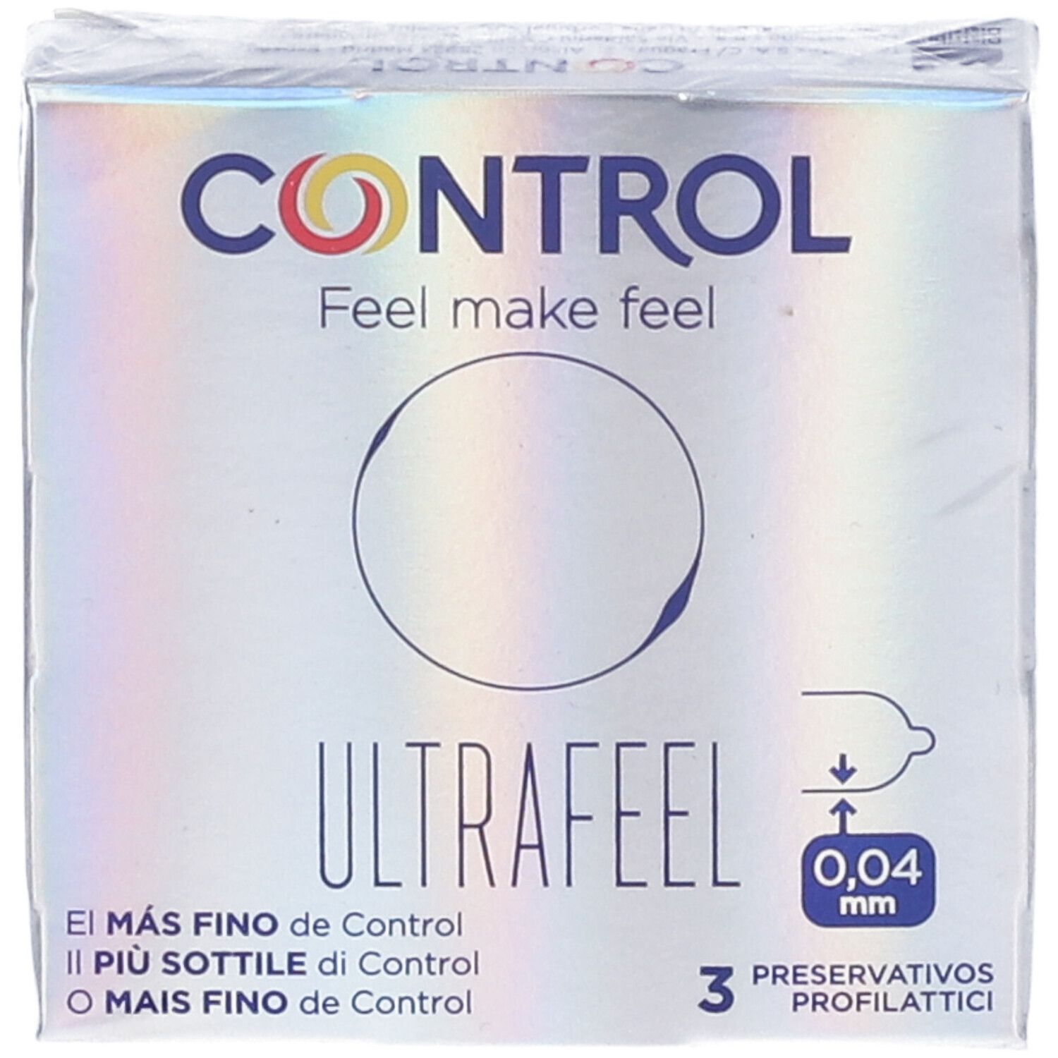 Kondom-Schachtel. Marke CONTROL, Aufschrift ULTRAFEEL. 3 Stück, 0,04 mm. Silberne Verpackung.