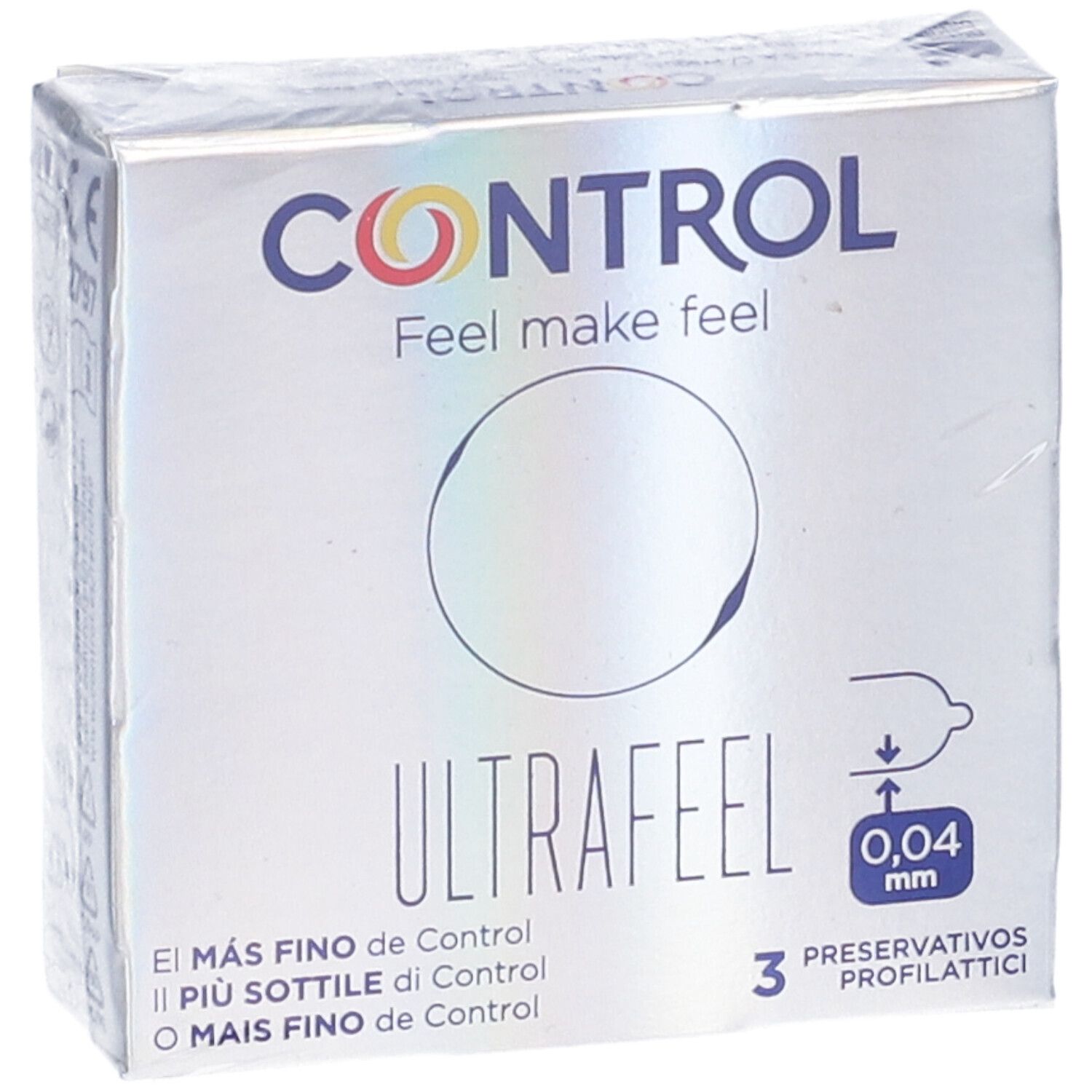 Kondom-Schachtel. Marke CONTROL, Aufschrift ULTRAFEEL. 3 Stück, 0,04 mm. Silberne Verpackung.