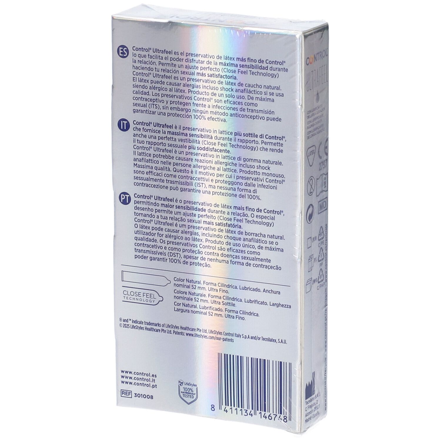 Control Ultra Feel Kondomverpackung, Seite mit Produktinformationen in mehreren Sprachen.