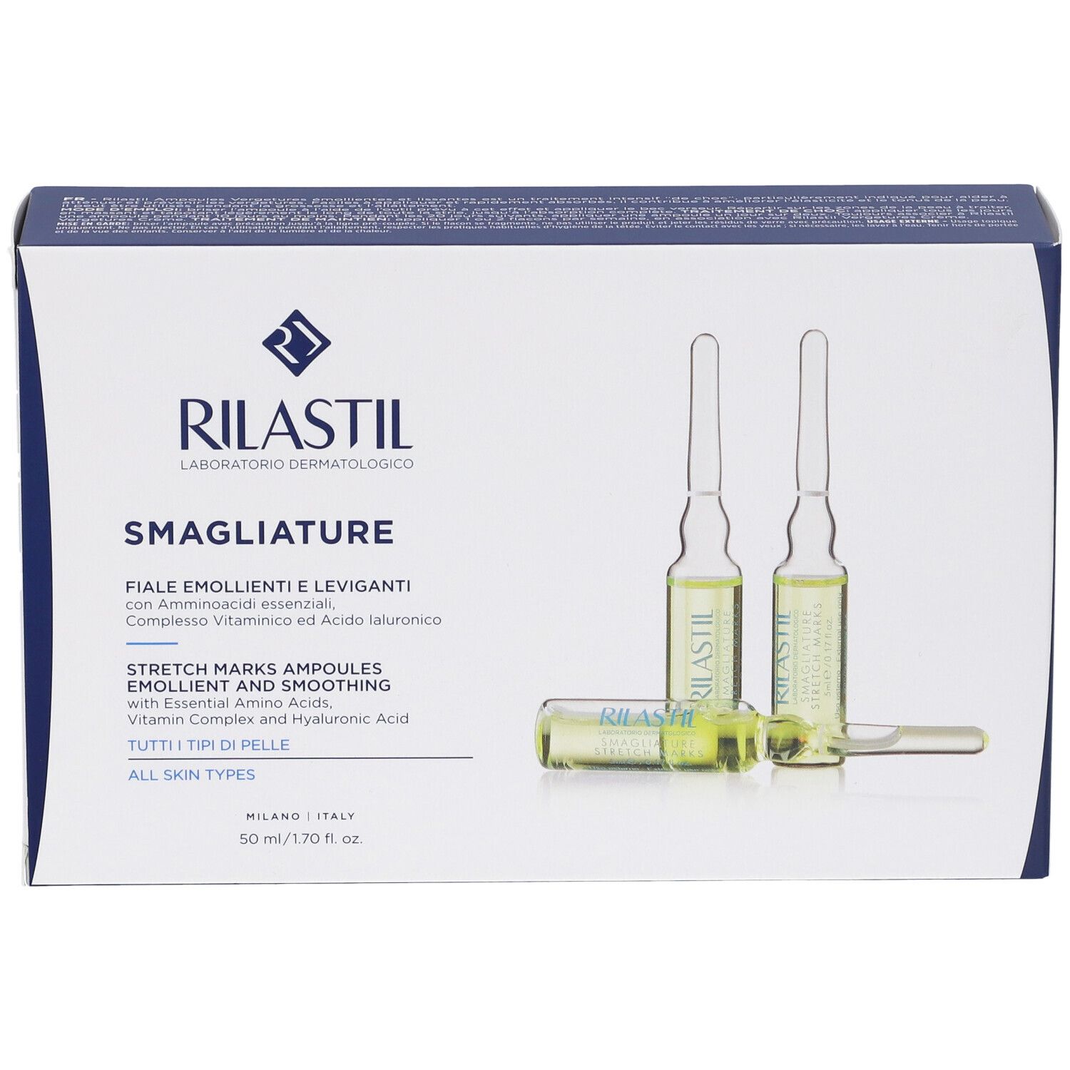Schachtel mit Ampullen. Aufschrift: RILASTIL Smagliature. Enthält 10 Ampullen. Produkt für alle Hauttypen.