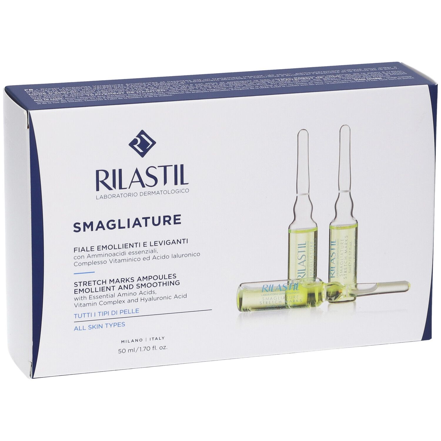 Schachtel mit Ampullen. Aufschrift: RILASTIL Smagliature. Enthält 10 Ampullen. Produkt für alle Hauttypen.