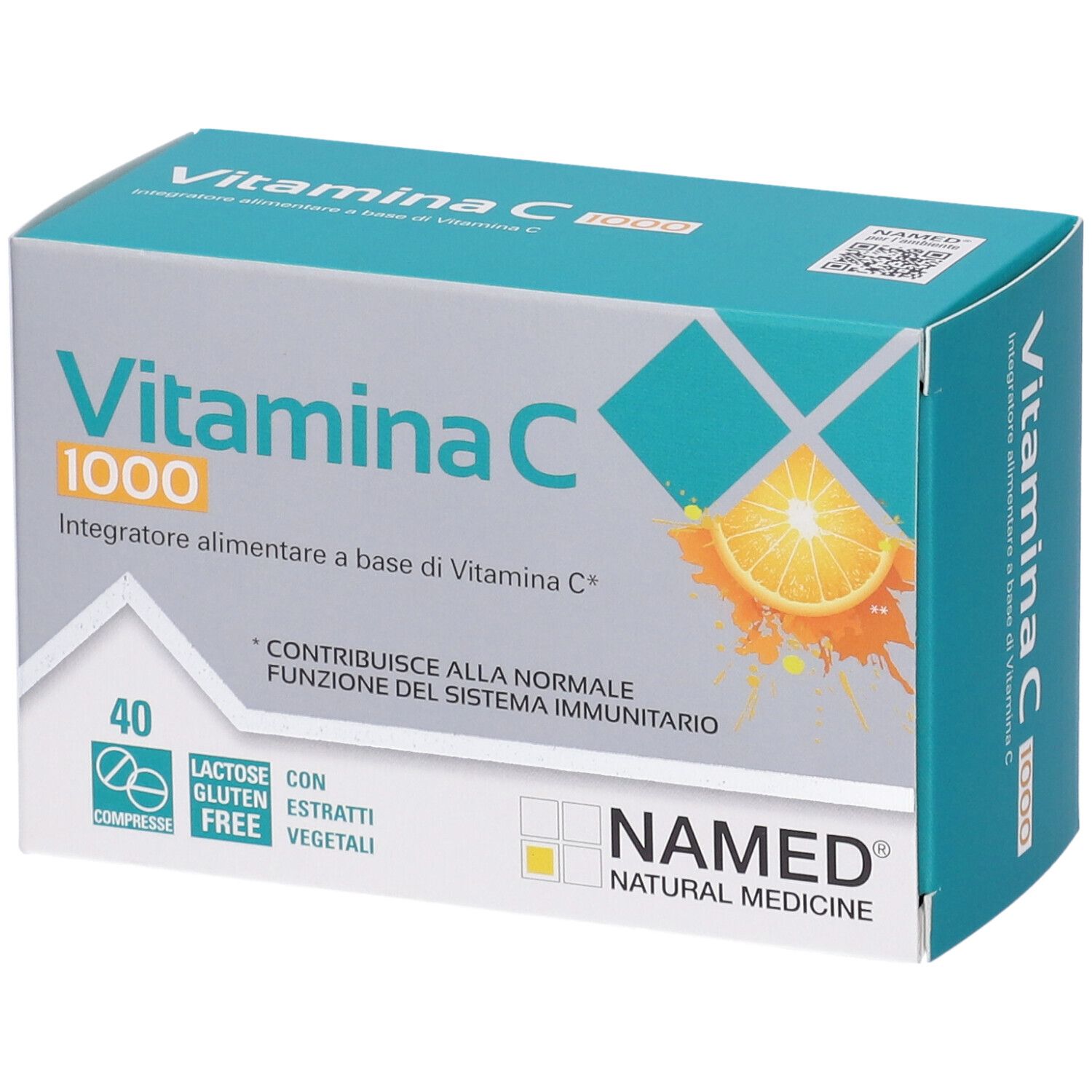 Scatola di compresse di vitamina C 1000. 40 compresse, senza glutine, senza lattosio. NAMED Natural Medicine.