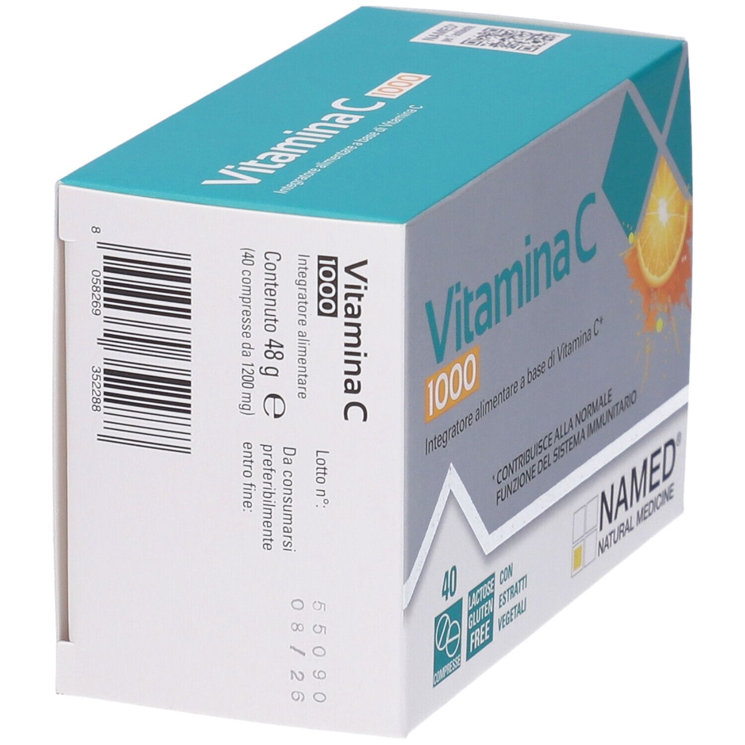 Scatola di compresse di vitamina C 1000. Retro con informazioni e codice a barre. NAMED Natural Medicine.