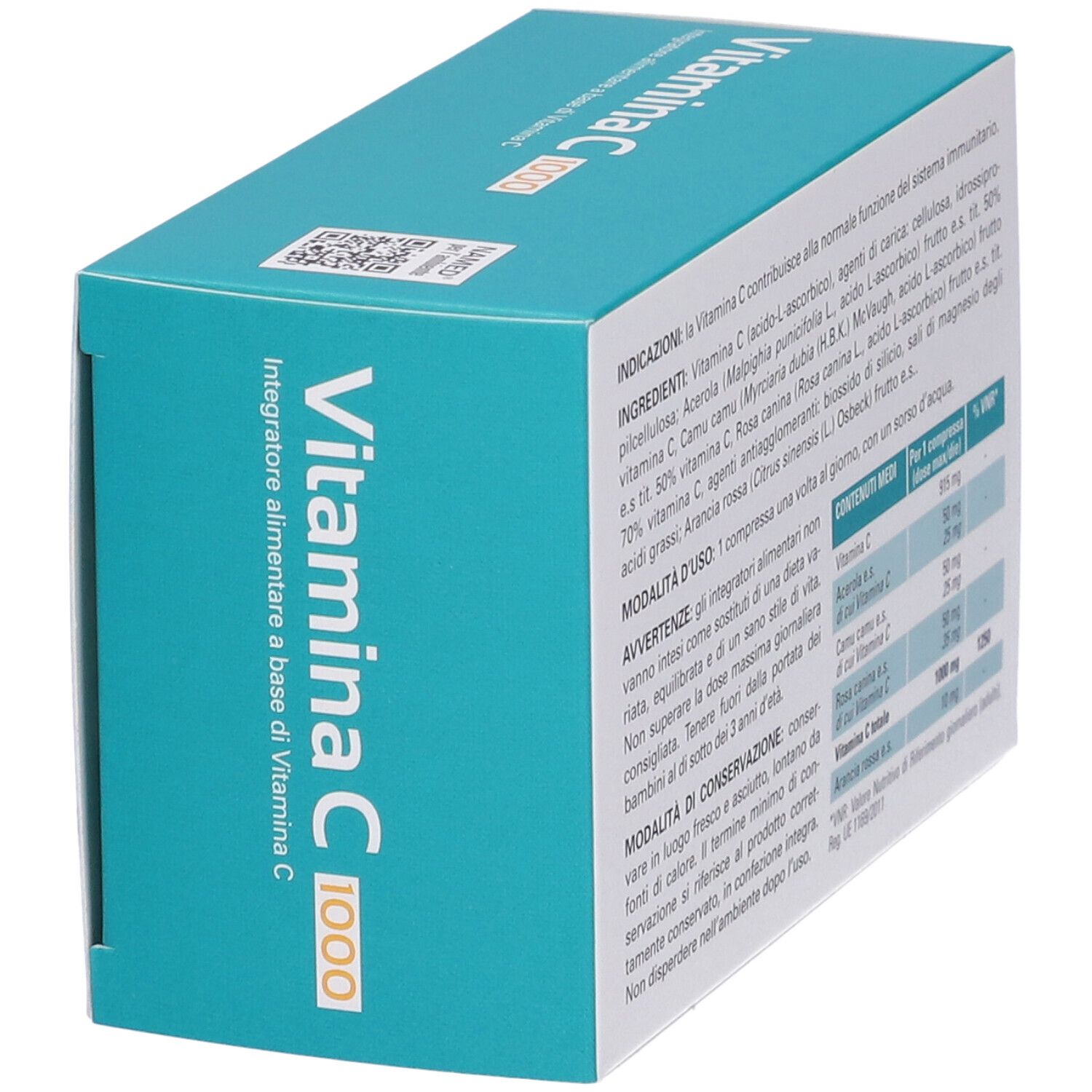 Scatola di compresse di vitamina C 1000. Retro con informazioni e ingredienti. NAMED Natural Medicine.