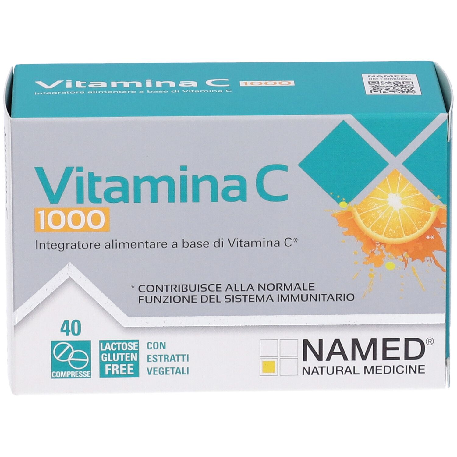 Scatola di compresse di vitamina C 1000. 40 compresse, senza glutine, senza lattosio. NAMED Natural Medicine.
