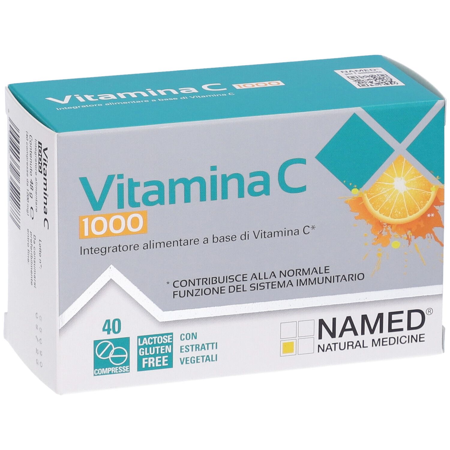 Scatola di compresse di vitamina C 1000. 40 compresse, senza glutine, senza lattosio. NAMED Natural Medicine.