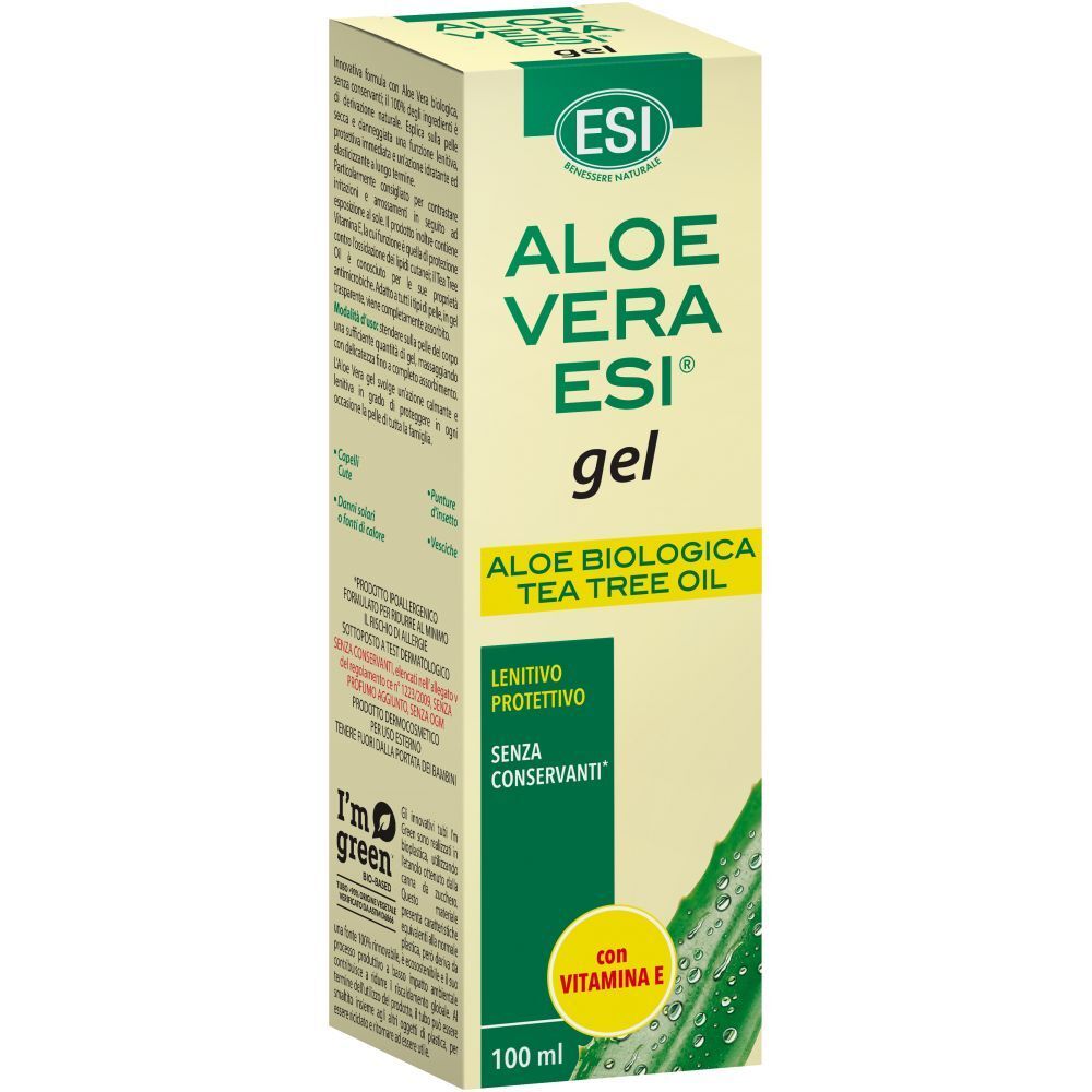 Confezione beige e verde. Testo: ESI Aloe Vera Gel, Aloe biologica Tea Tree Oil. Con vitamina E.