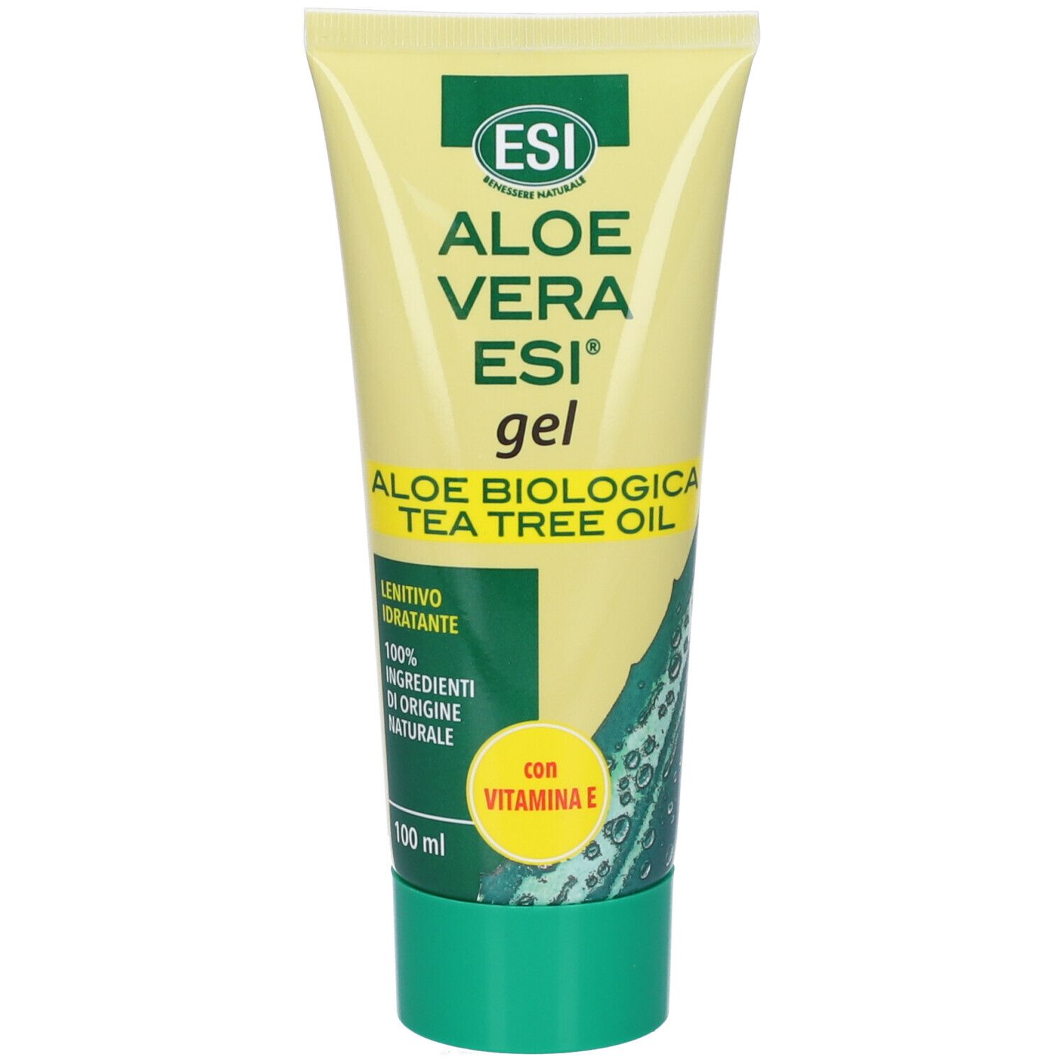 Tubo giallo con tappo verde. Testo: ESI Aloe Vera Gel, Aloe biologica Tea Tree Oil. Con vitamina E.