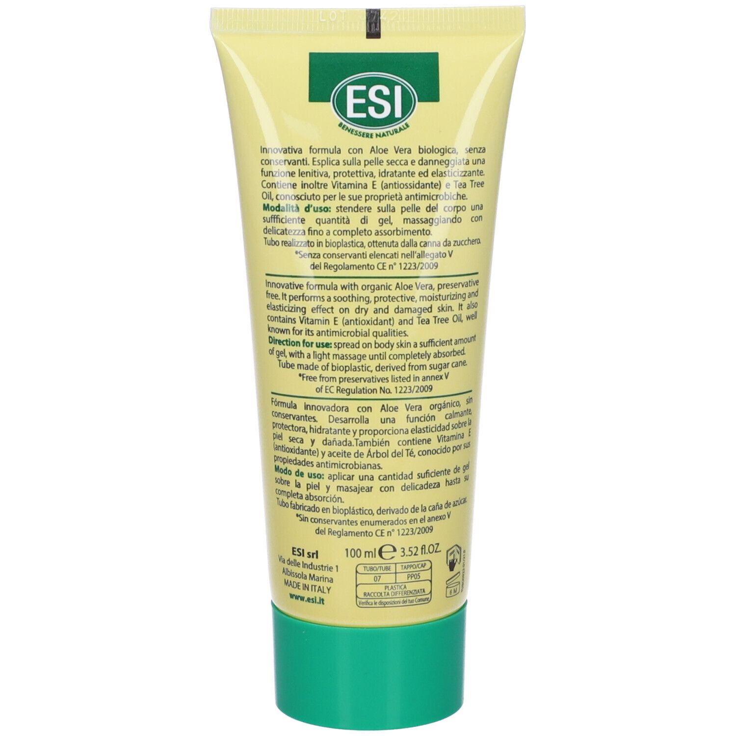 Retro del tubo giallo. Testo: ESI Aloe Vera Gel, Aloe biologica Tea Tree Oil. Ingredienti e istruzioni.