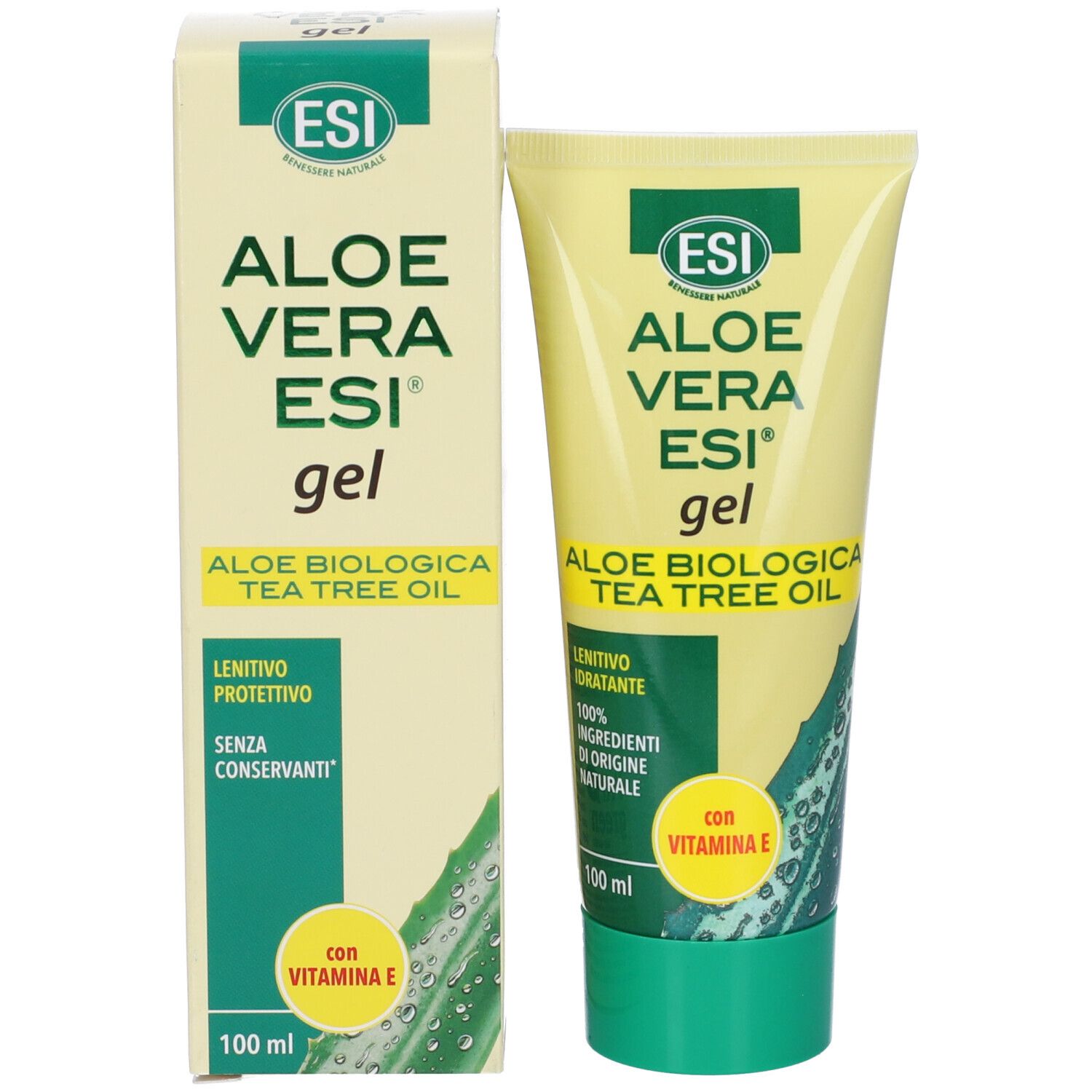 Confezione e tubo affiancati. Testo: ESI Aloe Vera Gel, Aloe biologica Tea Tree Oil. Con vitamina E.