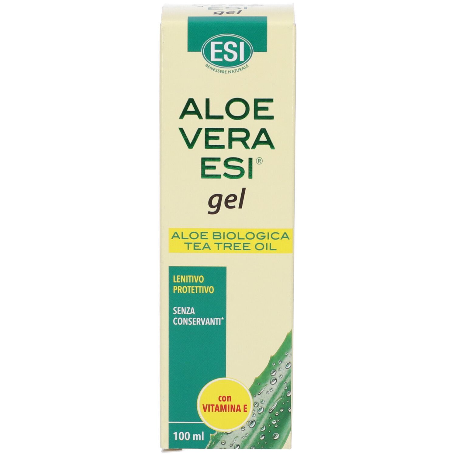 Confezione. Testo: ESI Aloe Vera Gel, Aloe biologica Tea Tree Oil. Con vitamina E. 100 ml.