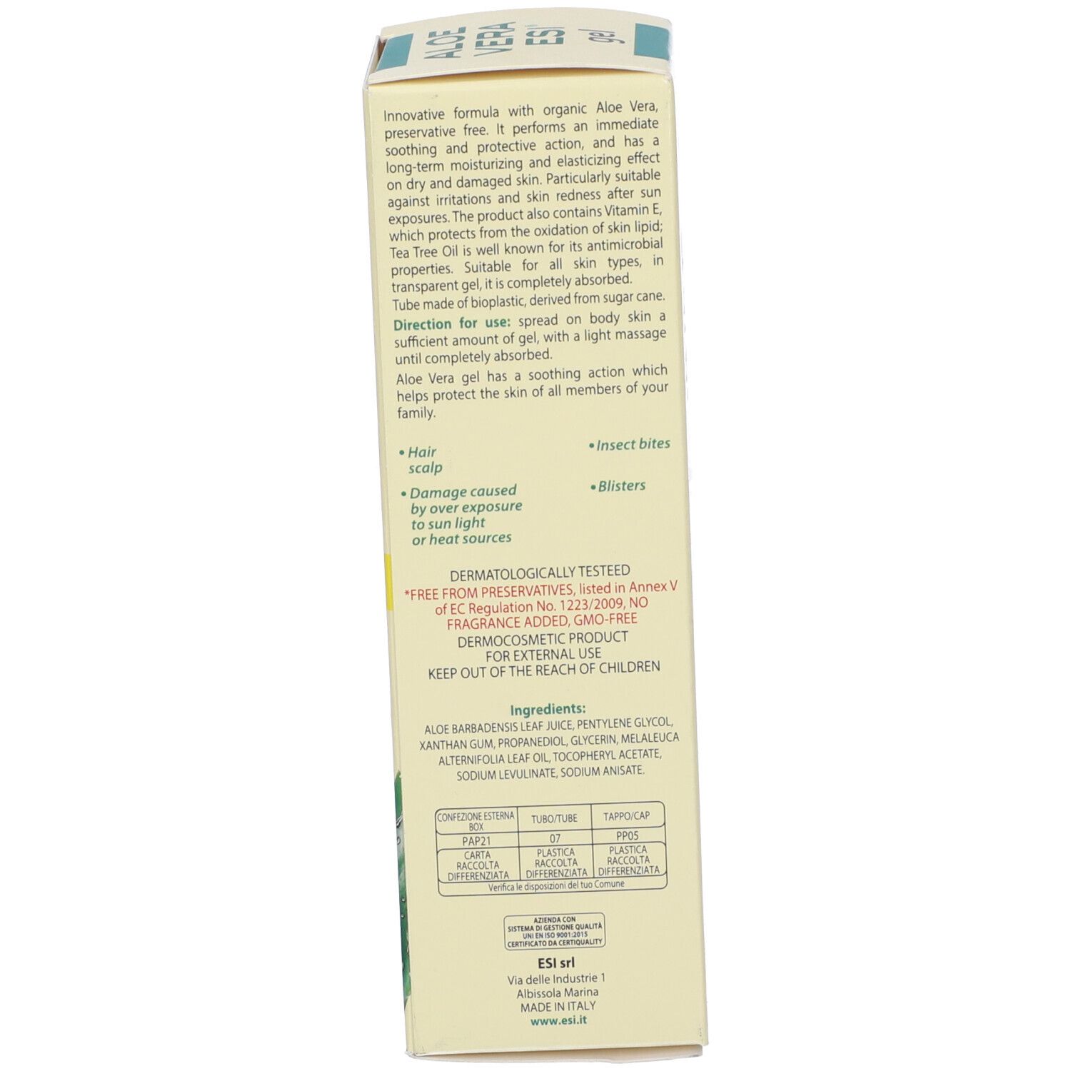 Retro della confezione. Testo: ESI Aloe Vera Gel, Aloe biologica Tea Tree Oil. Ingredienti e istruzioni.
