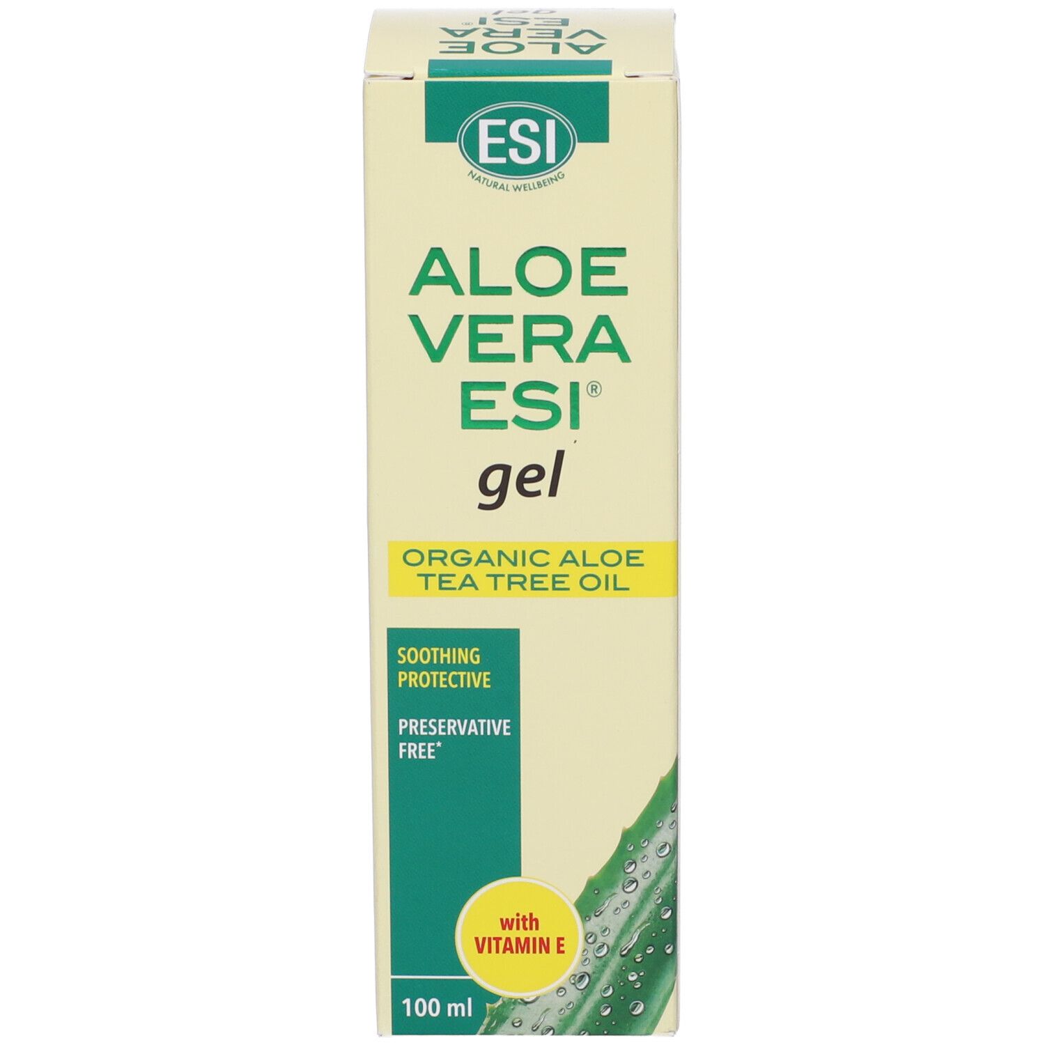 Confezione. Testo: ESI Aloe Vera Gel, Organic Aloe Tea Tree Oil. Senza conservanti. 100 ml.