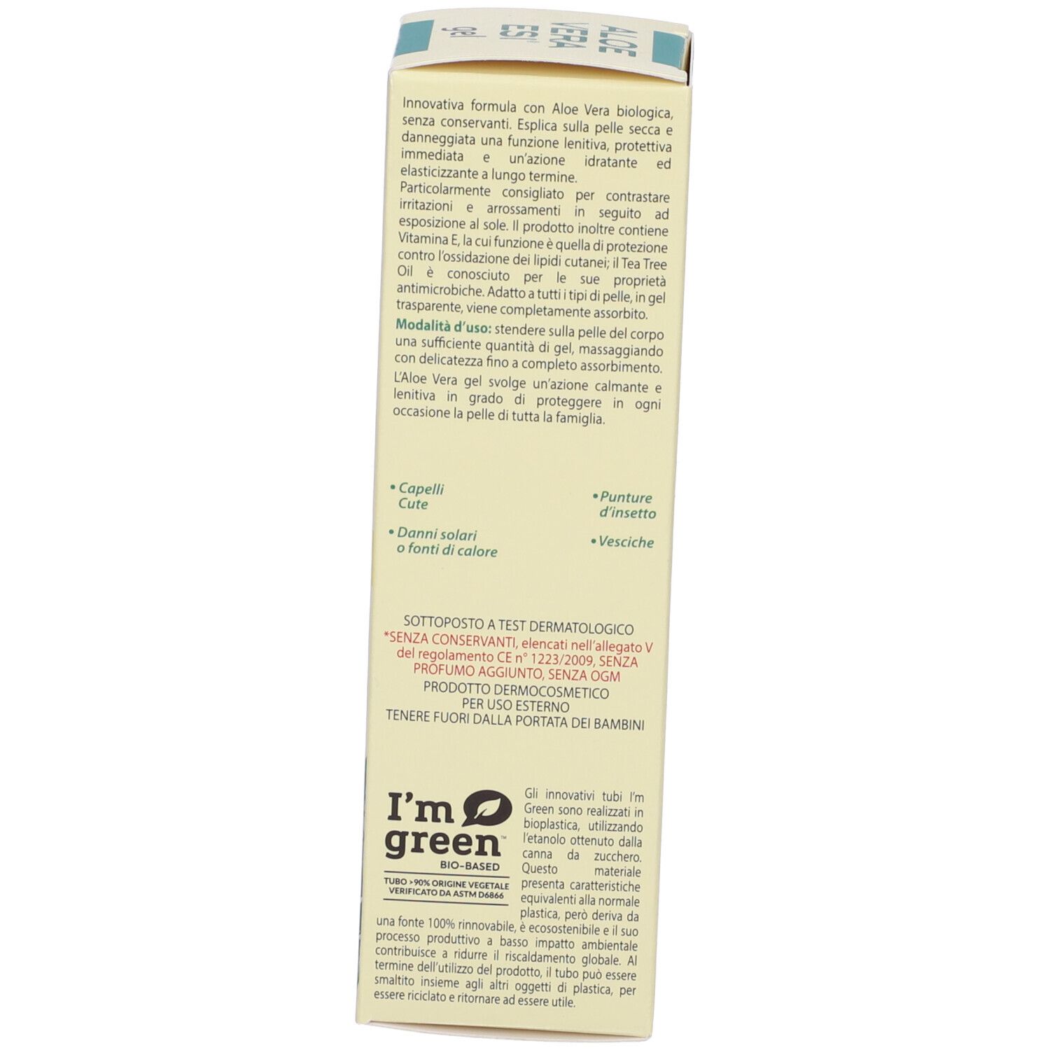 Retro della confezione. Testo: ESI Aloe Vera Gel, Organic Aloe Tea Tree Oil. Istruzioni e ingredienti.