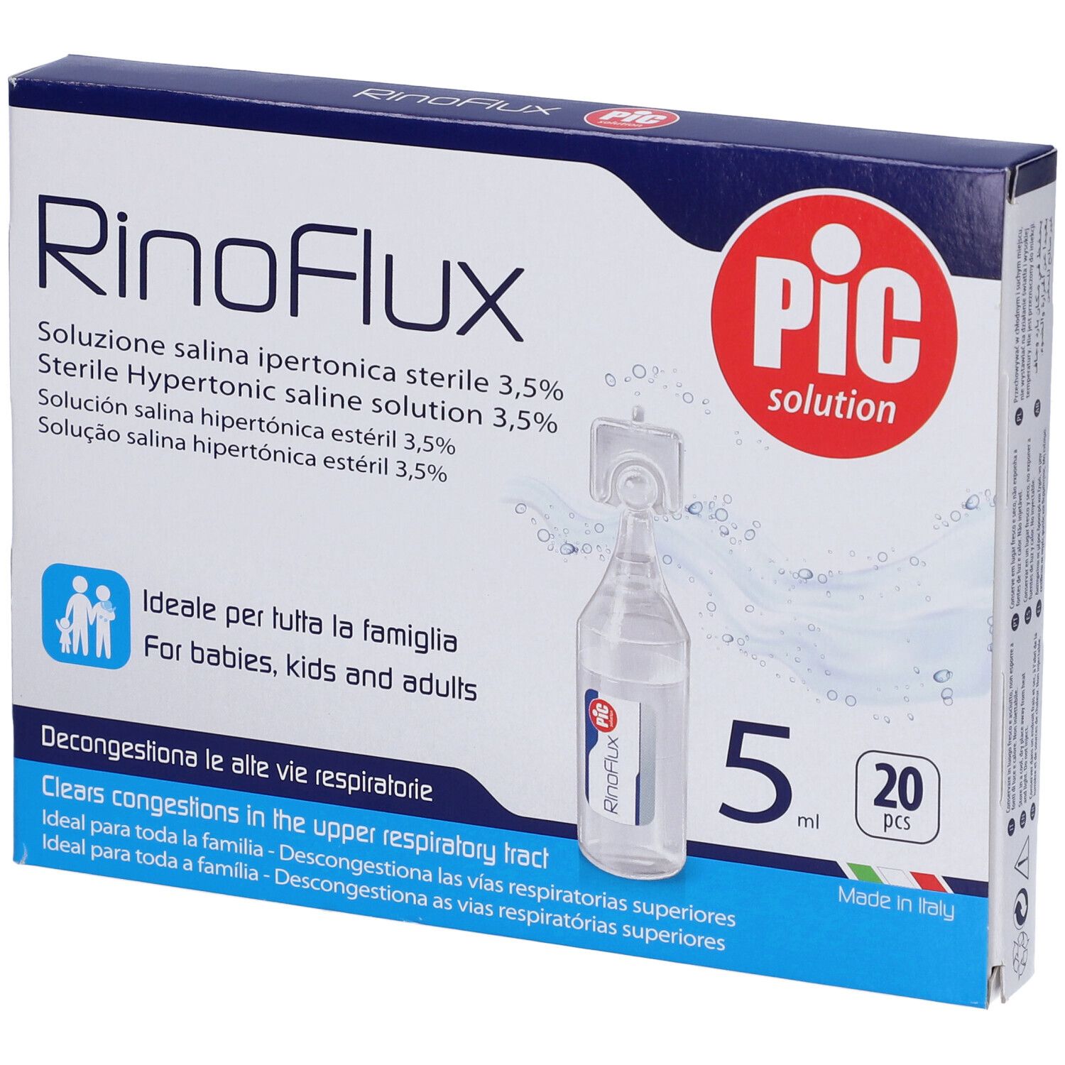 Verpackung von Rinoflux. Enthält 20 Einzeldosen. Aufschrift: PIC solution. Produktname und Text in mehreren Sprachen.