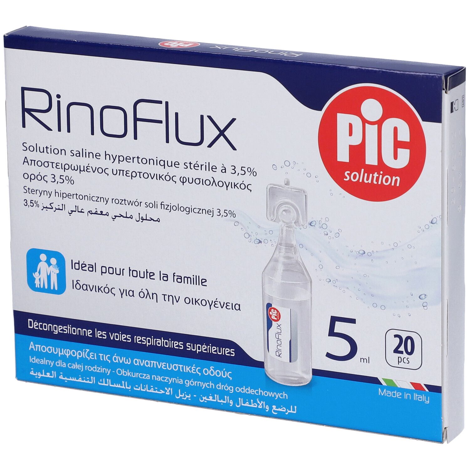 Verpackung von Rinoflux. Enthält 20 Einzeldosen. Aufschrift: PIC solution. Produktname und Text in mehreren Sprachen.