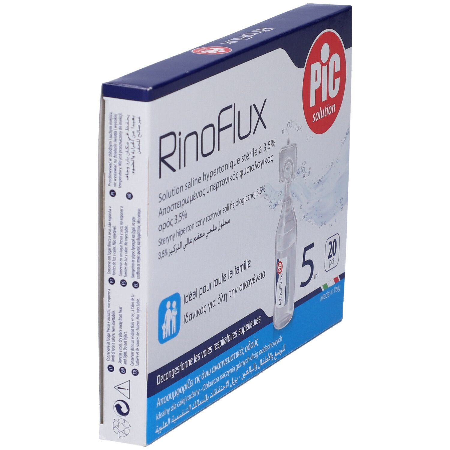 Schräg gestellte Verpackung von Rinoflux. Enthält 20 Einzeldosen. Aufschrift: PIC solution. Produktname und Text in mehreren Sprachen.